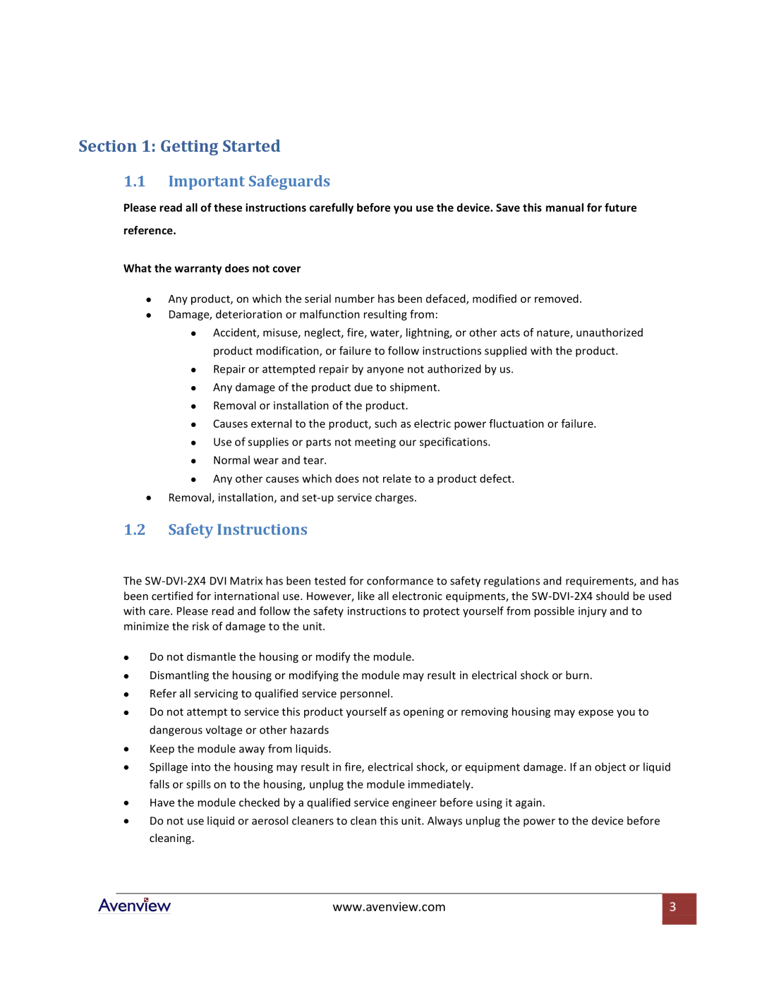 Avenview SW-DVI-2X4 specifications Getting Started, Important Safeguards, Safety Instructions 