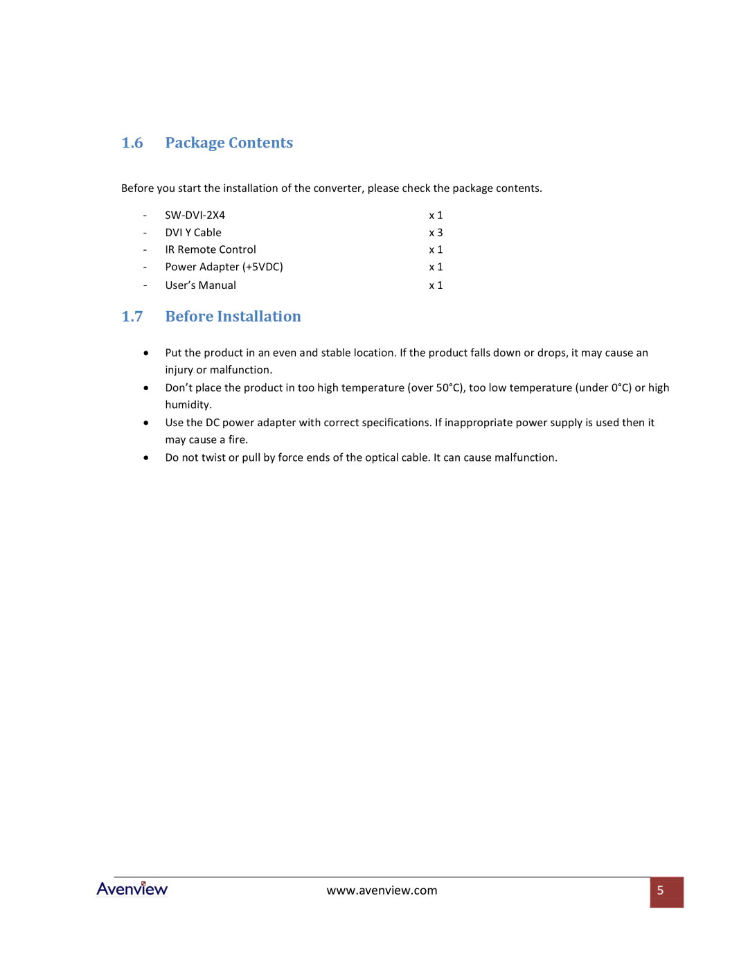 Avenview SW-DVI-2X4 specifications Package Contents, Before Installation 