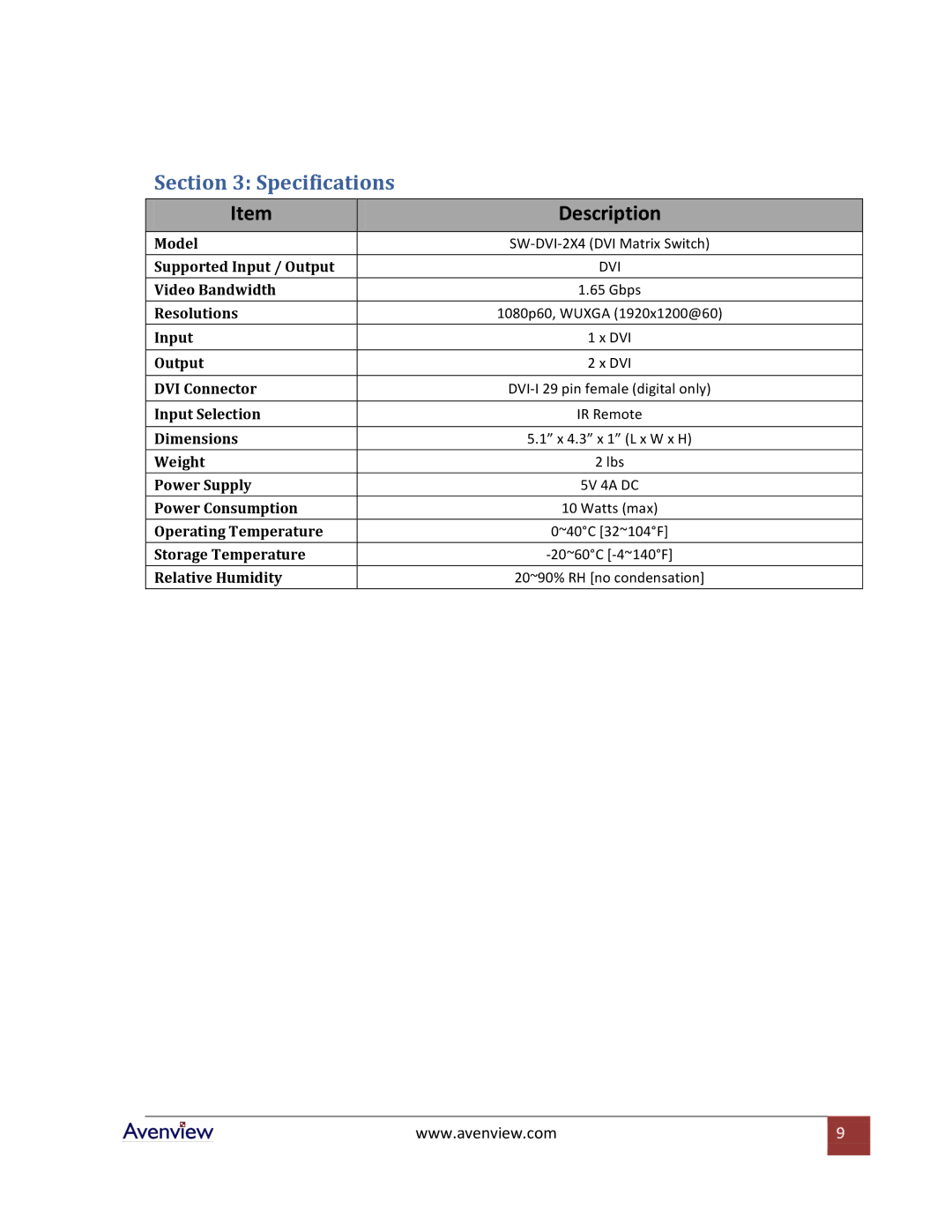 Avenview SW-DVI-2X4 specifications Specifications, Description 