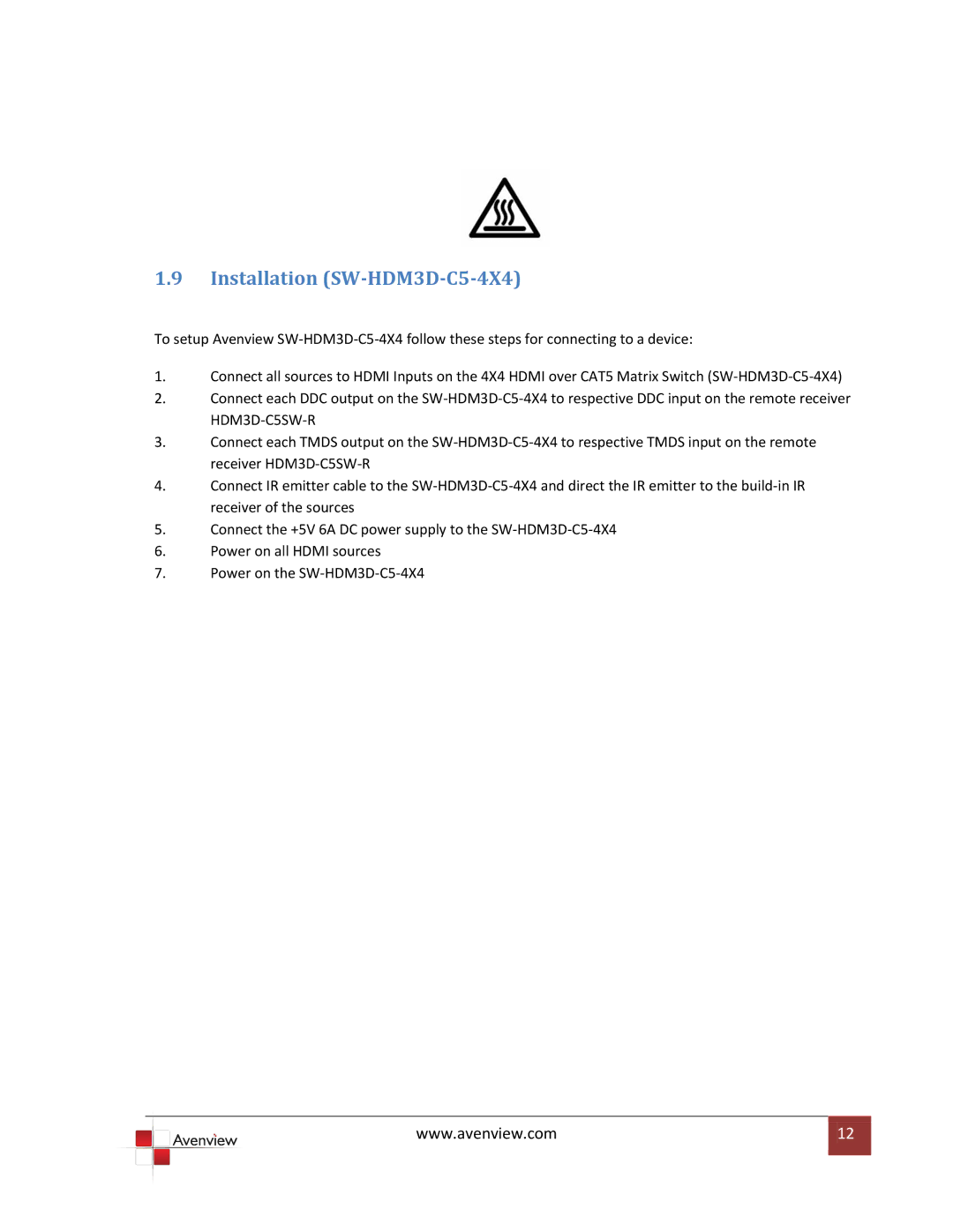 Avenview specifications Installation SW-HDM3D-C5-4X4 