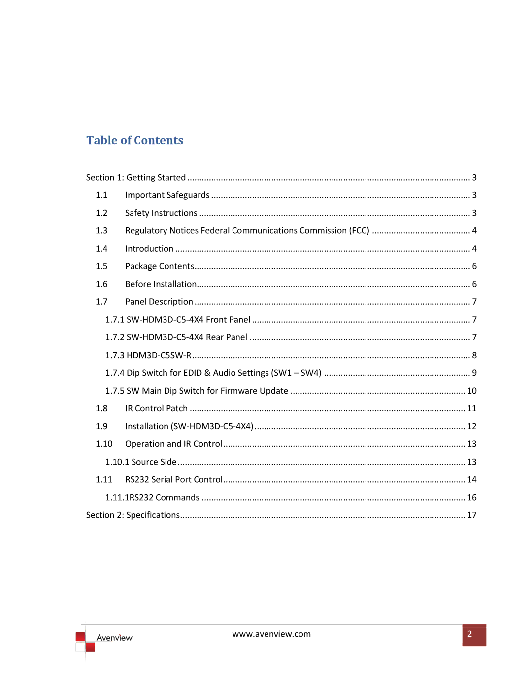 Avenview SW-HDM3D-C5-4X4 specifications Table of Contents 