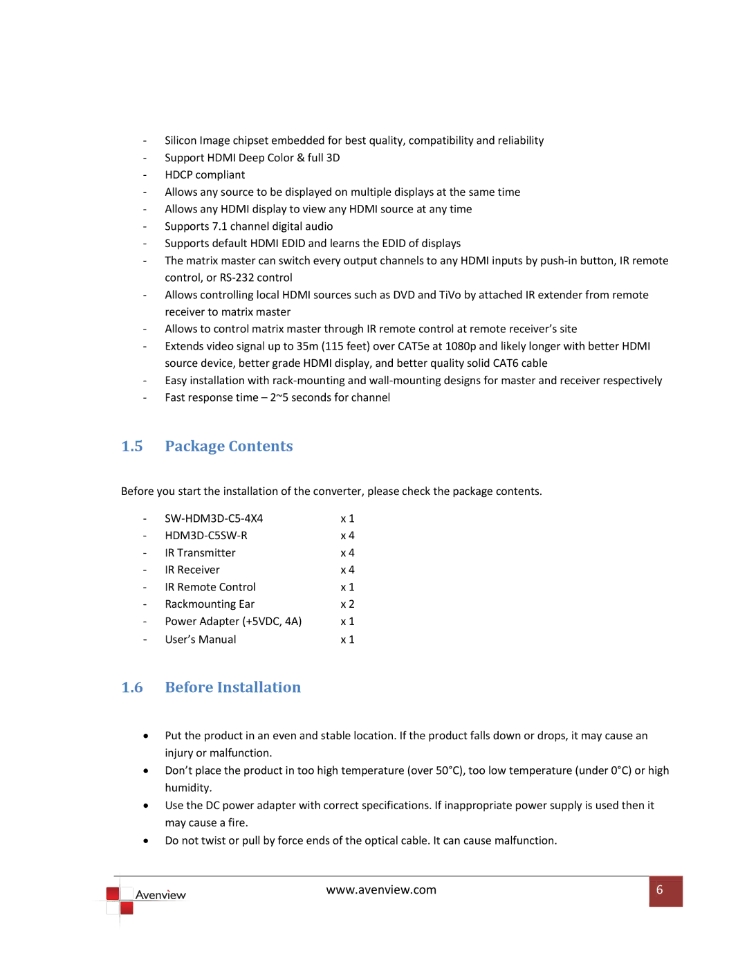 Avenview SW-HDM3D-C5-4X4 specifications Package Contents, Before Installation 