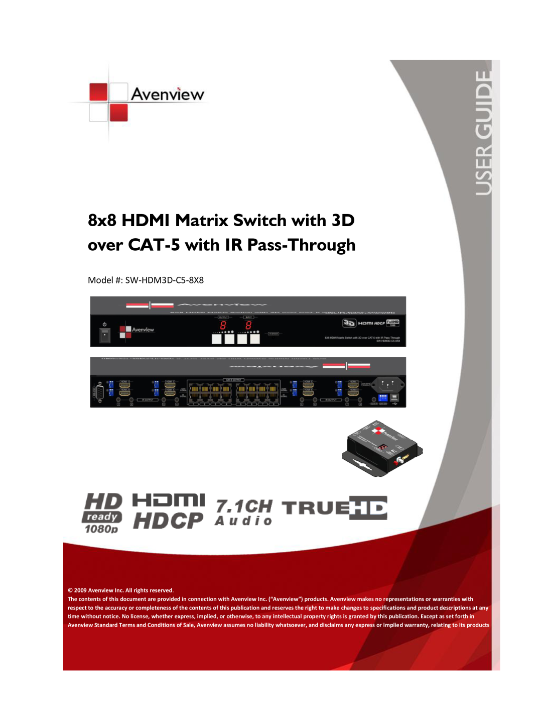 Avenview SW-HDM3D-C5-8X8 specifications 8x8 HDMI Matrix Switch with 3D over CAT-5 with IR Pass-Through 