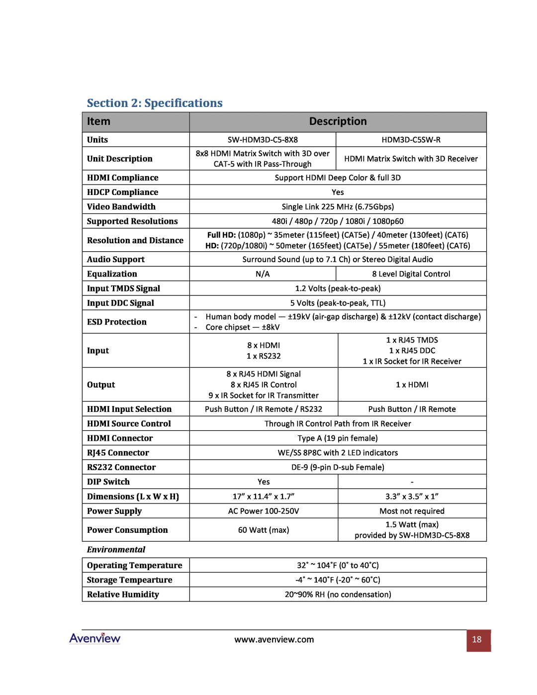 Avenview SW-HDM3D-C5-8X8 specifications Specifications, Description, Environmental 