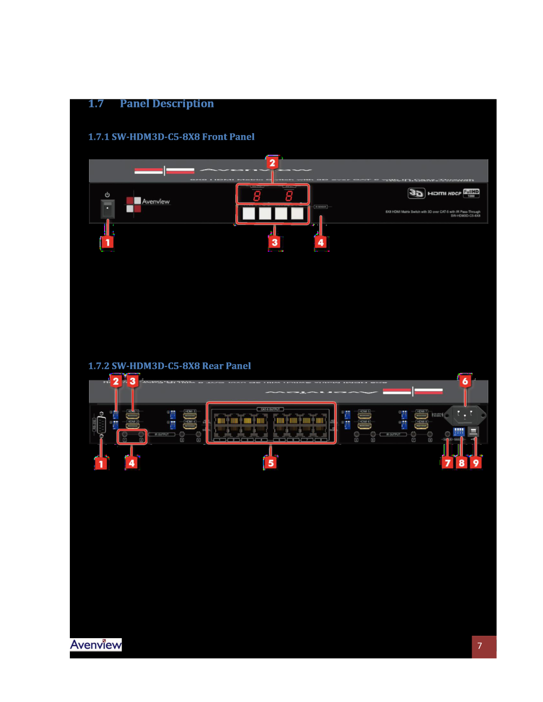 Avenview Panel Description, SW-HDM3D-C5-8X8 Front Panel, SW-HDM3D-C5-8X8 Rear Panel, HDMI 1 - 8 HDMI Inputs, AC Power 