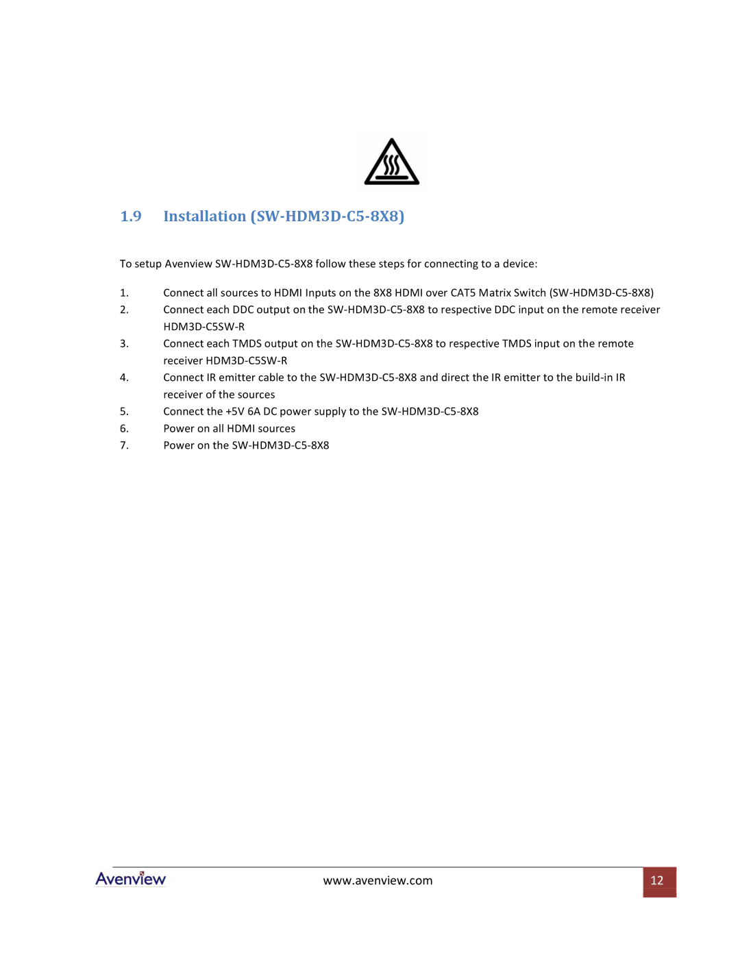 Avenview specifications Installation SW-HDM3D-C5-8X8 