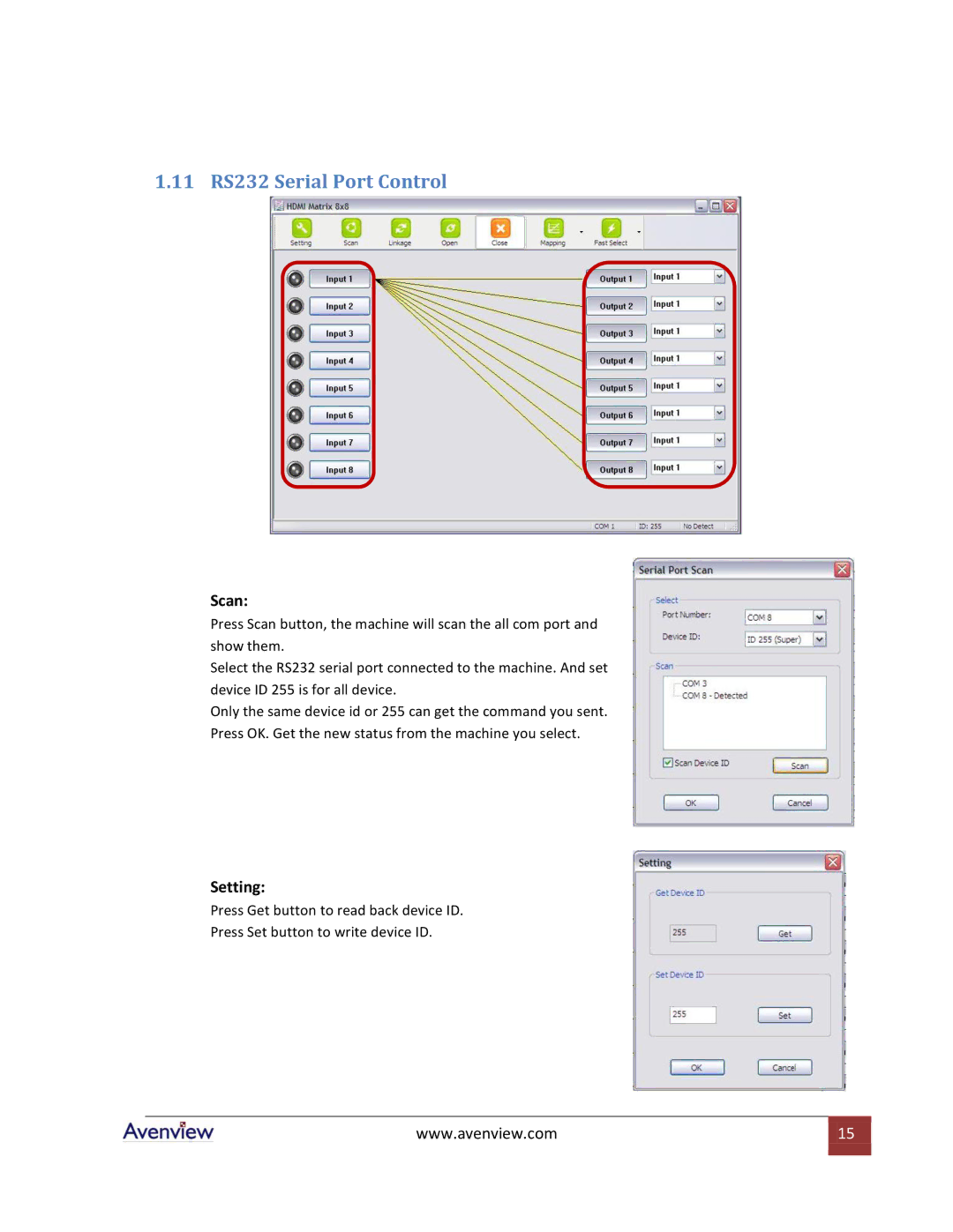 Avenview SW-HDM3D-C5-8X8 specifications 11 RS232 Serial Port Control, Scan 