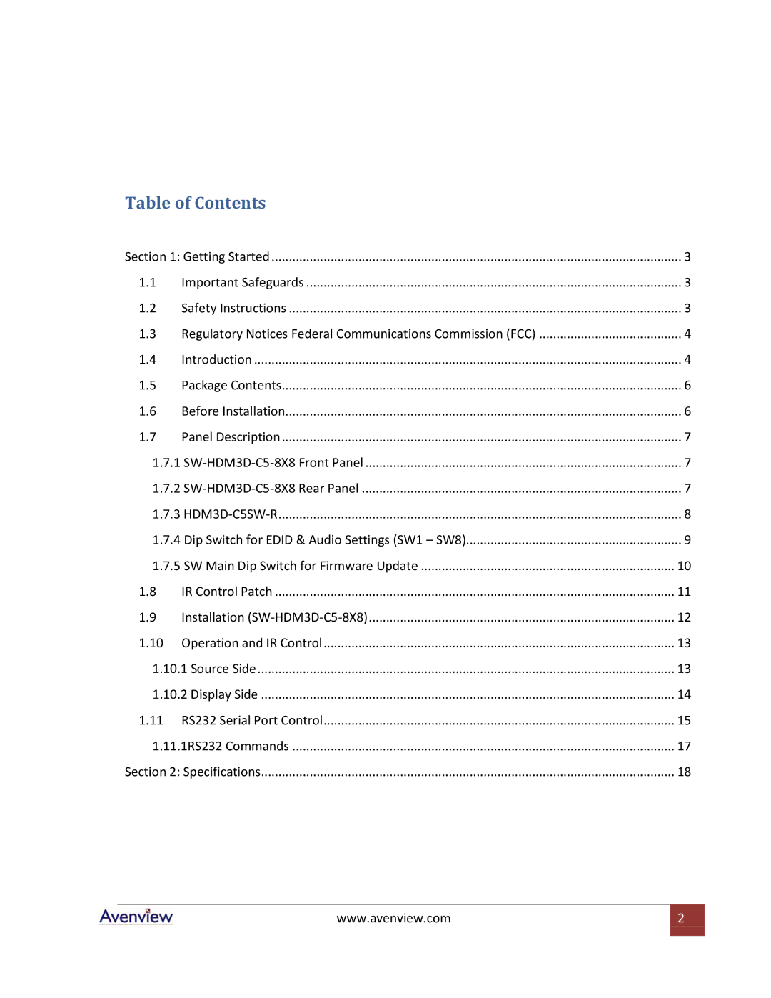 Avenview SW-HDM3D-C5-8X8 specifications Table of Contents 