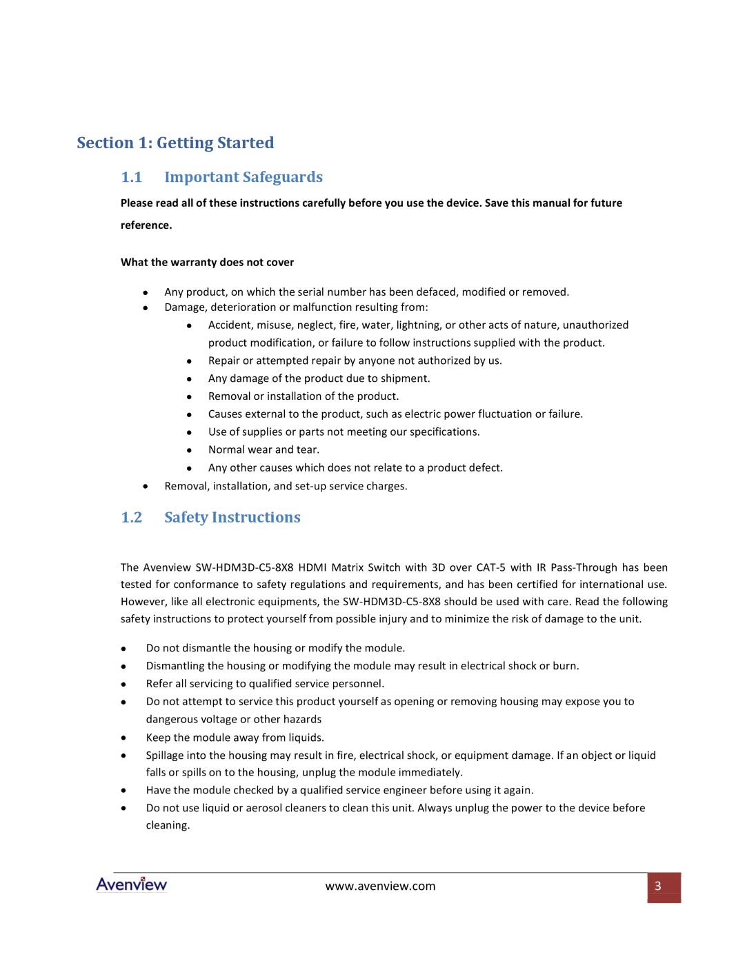 Avenview SW-HDM3D-C5-8X8 specifications Important Safeguards, Safety Instructions 