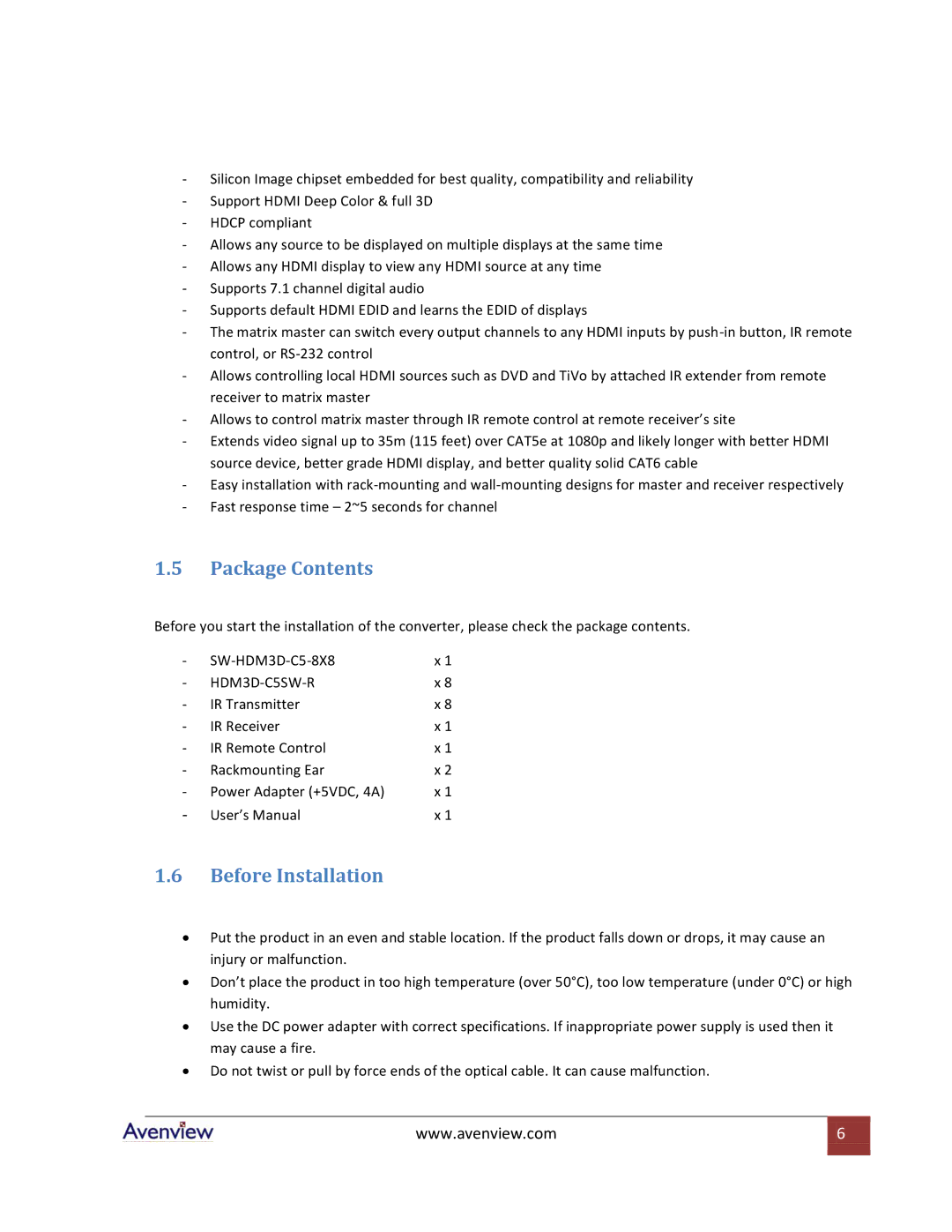 Avenview SW-HDM3D-C5-8X8 specifications Package Contents, Before Installation 