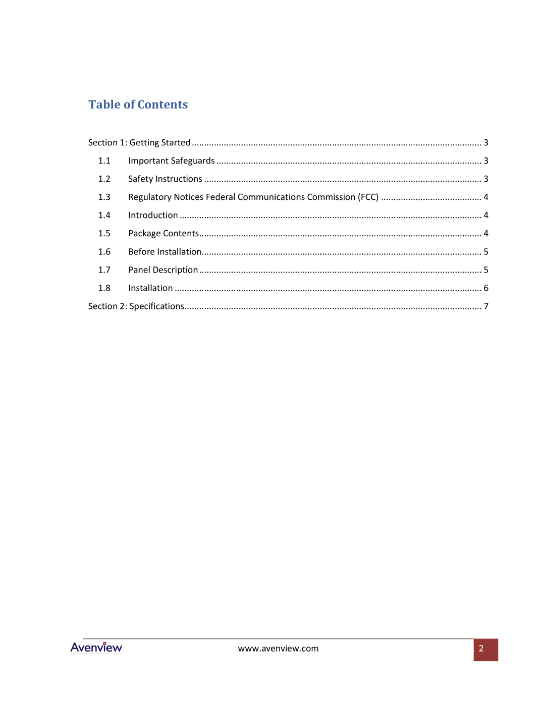 Avenview SW-HDSDI-8X1 specifications Table of Contents 