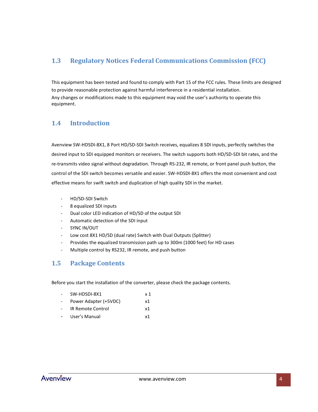 Avenview SW-HDSDI-8X1 Regulatory Notices Federal Communications Commission FCC, Introduction, Package Contents 