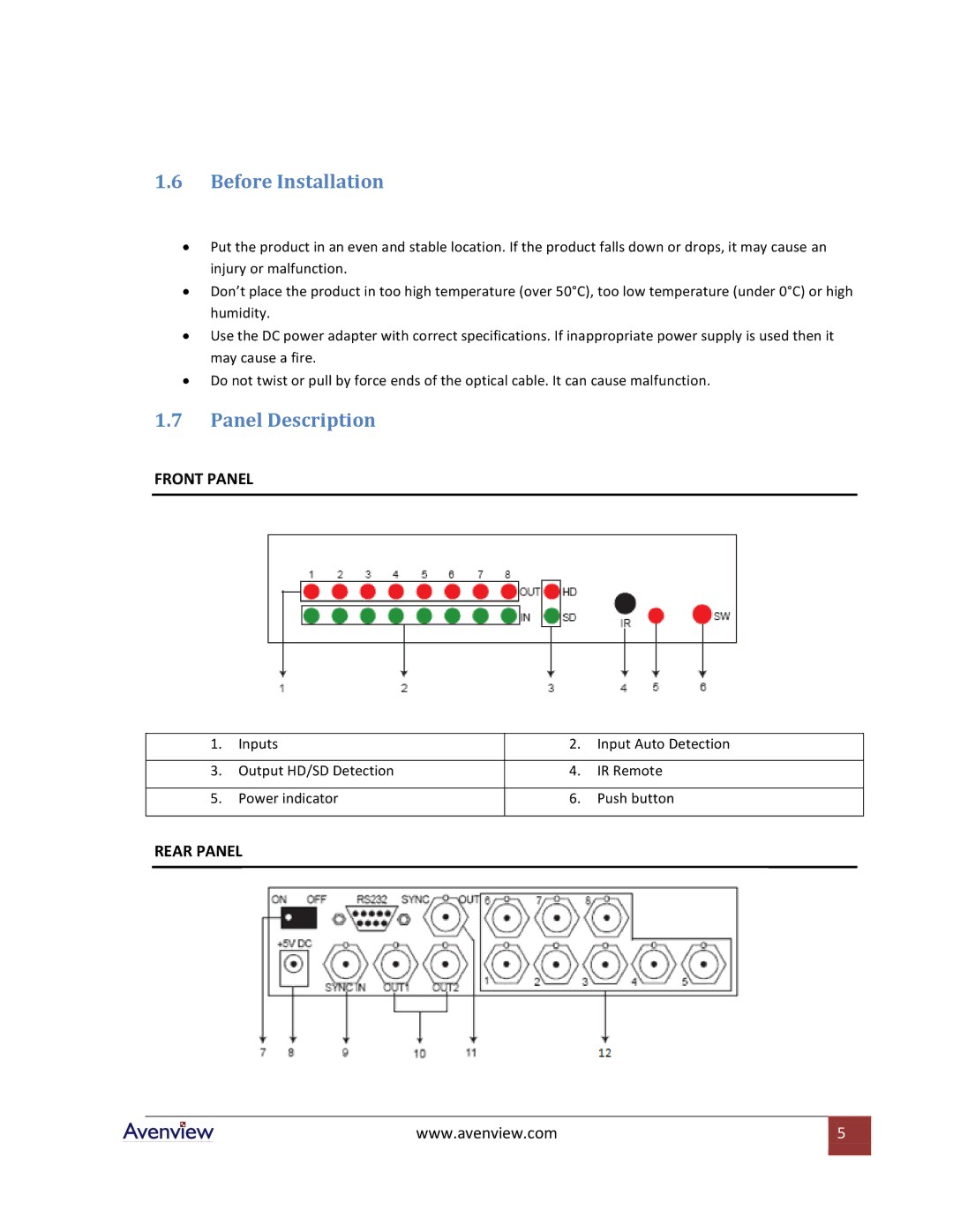 Avenview SW-HDSDI-8X1 specifications Before Installation, Panel Description 