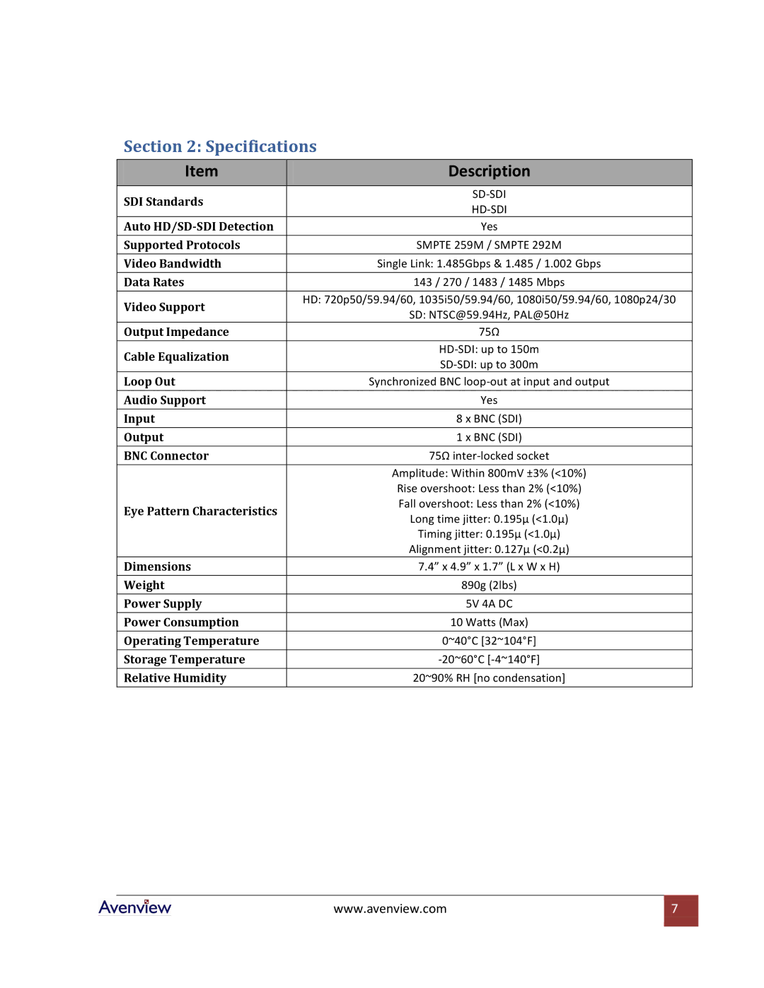 Avenview SW-HDSDI-8X1 specifications Specifications, Description 