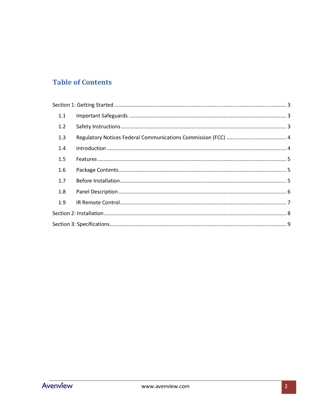 Avenview SW-HDSDI-8X2 specifications Table of Contents 