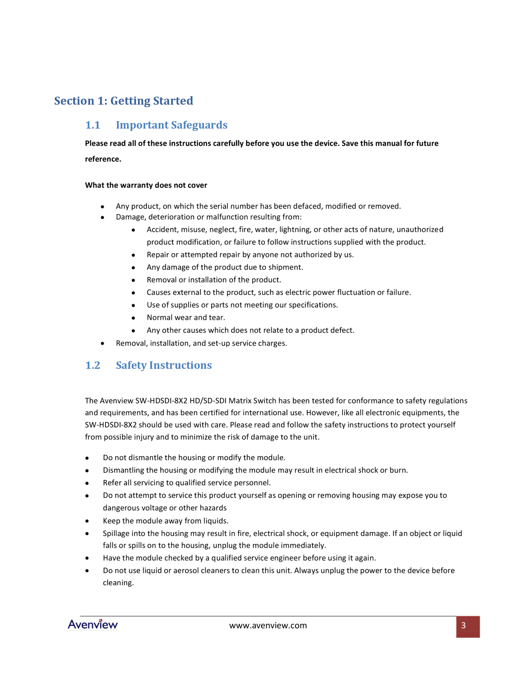Avenview SW-HDSDI-8X2 specifications Getting Started, Important Safeguards, Safety Instructions 