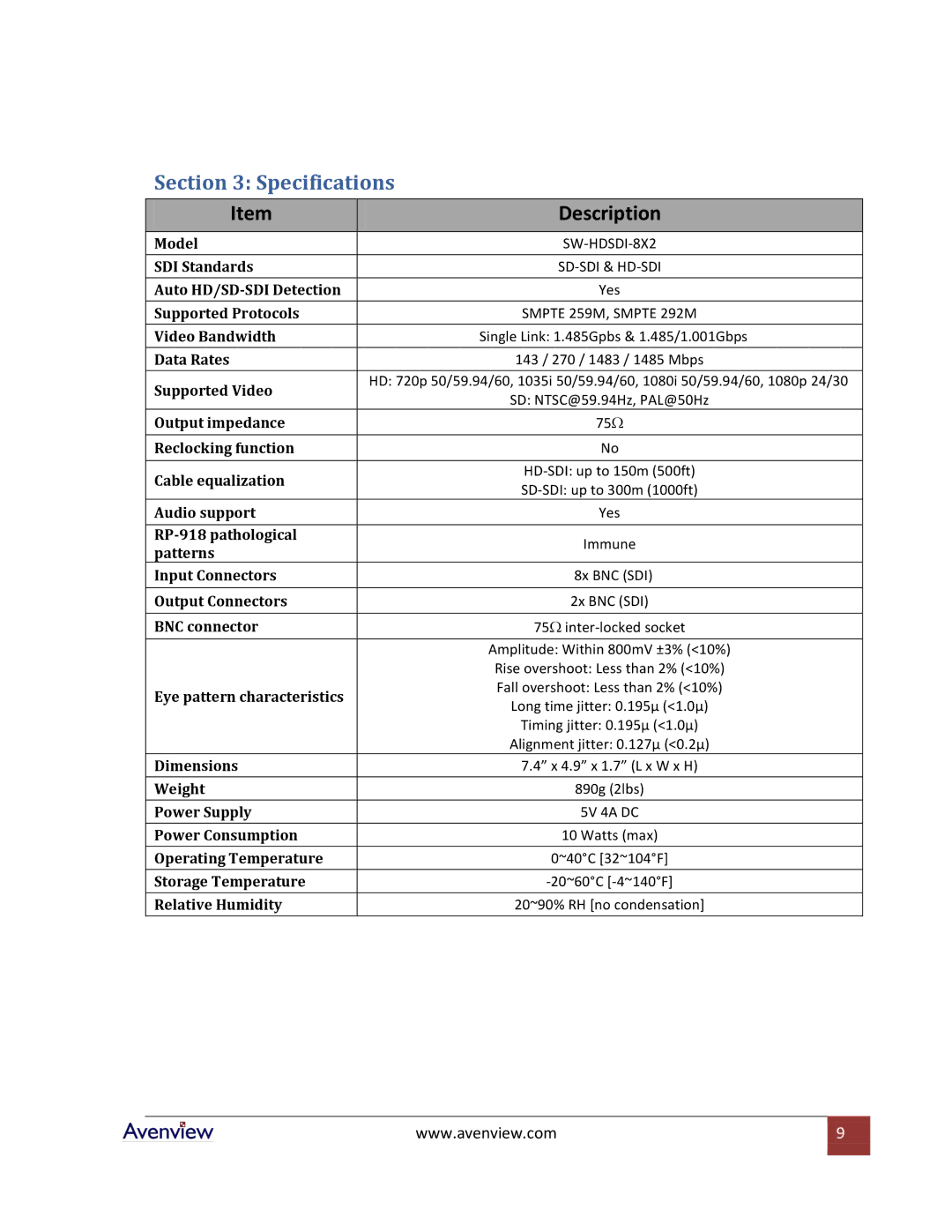 Avenview SW-HDSDI-8X2 specifications Specifications, Description 