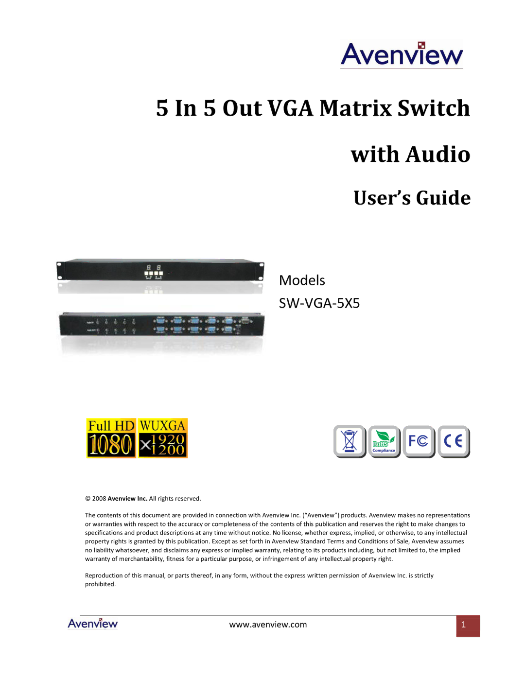 Avenview SW-VGA-5X5 specifications Out VGA Matrix Switch With Audio 