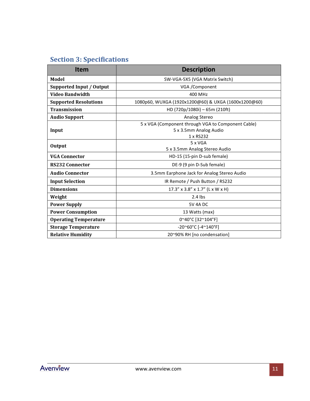 Avenview SW-VGA-5X5 specifications Specifications, Description 