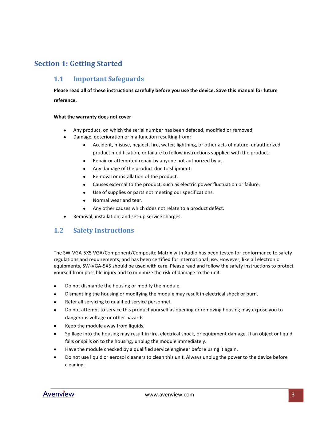 Avenview SW-VGA-5X5 specifications Getting Started, Important Safeguards, Safety Instructions 