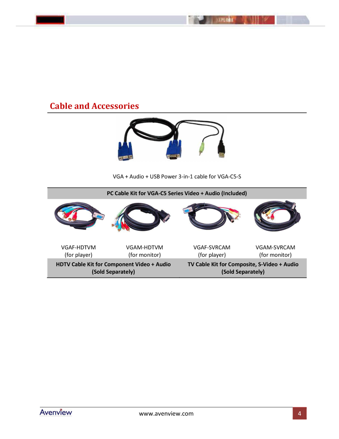 Avenview VGA-C5-4, VGA-C5-8-SR, VGA-C5-R manual Cable and Accessories, PC Cable Kit for VGA-C5 Series Video + Audio Included 