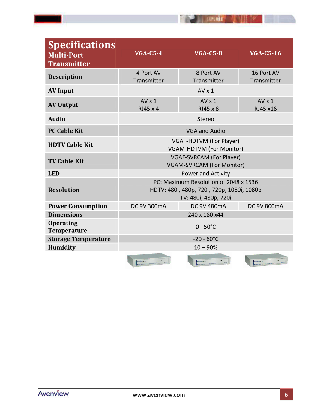 Avenview VGA-C5-8-SR, VGA-C5-R, VGA-C5-4-SR, VGA-C5-16 manual Specifications, Multi-Port, Transmitter, Led 