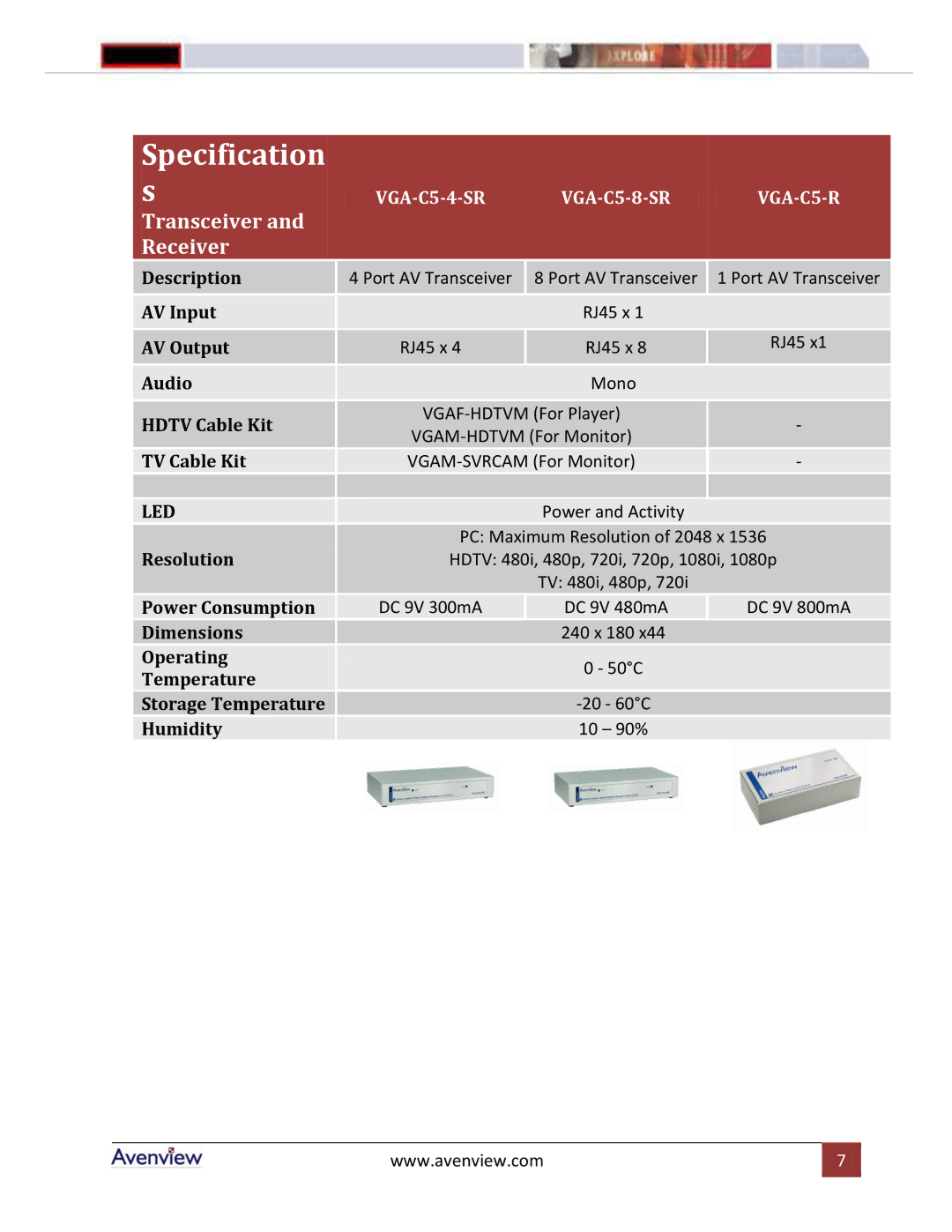 Avenview VGA-C5-R, VGA-C5-8-SR, VGA-C5-4-SR, VGA-C5-16 manual Specification, Transceiver Receiver 