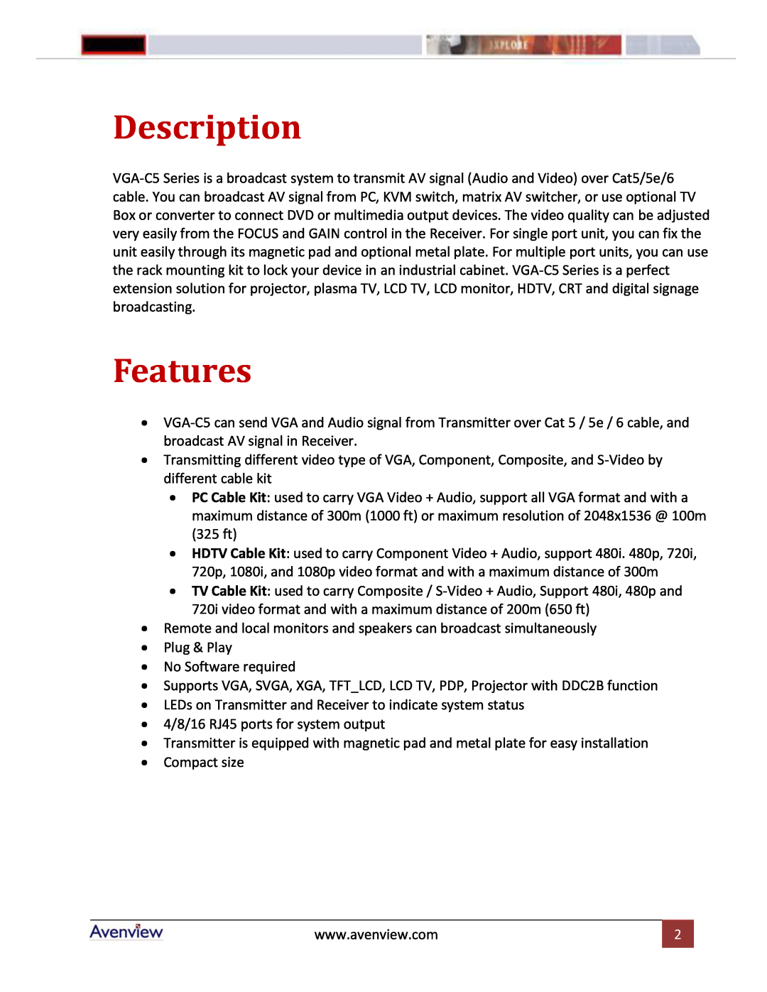 Avenview VGA-C5-8-SR, VGA-C5-R, VGA-C5-4-SR, VGA-C5-16 manual Description, Features 