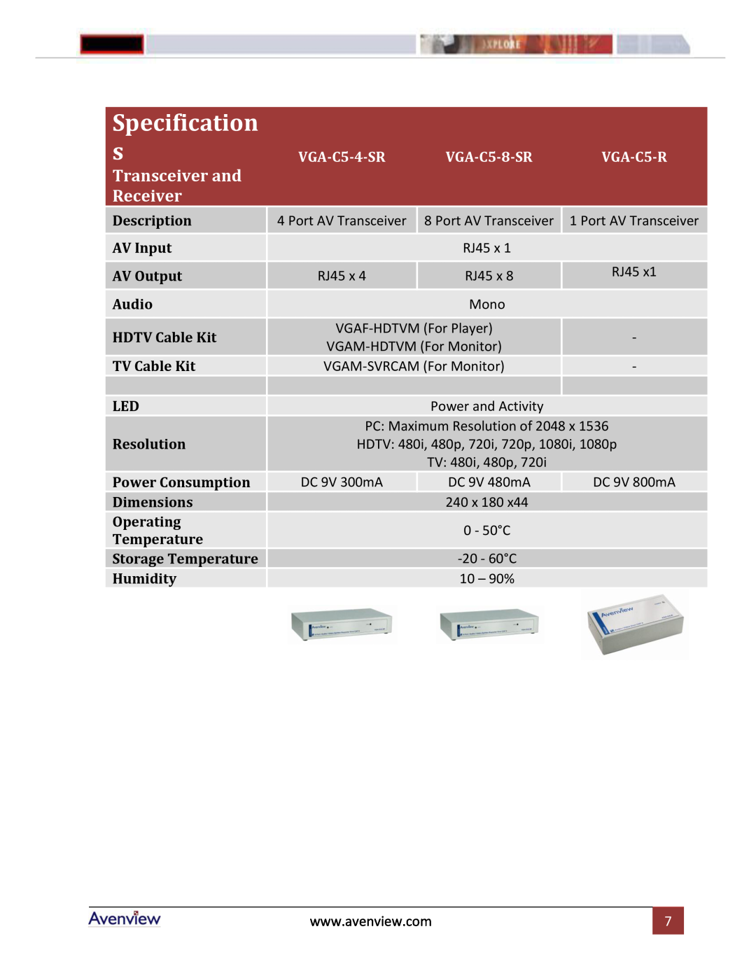 Avenview VGA-C5-R, VGA-C5-16 manual Specification, Transceiver and, Receiver, VGA-C5-4-SR, VGA-C5-8-SR, Description 
