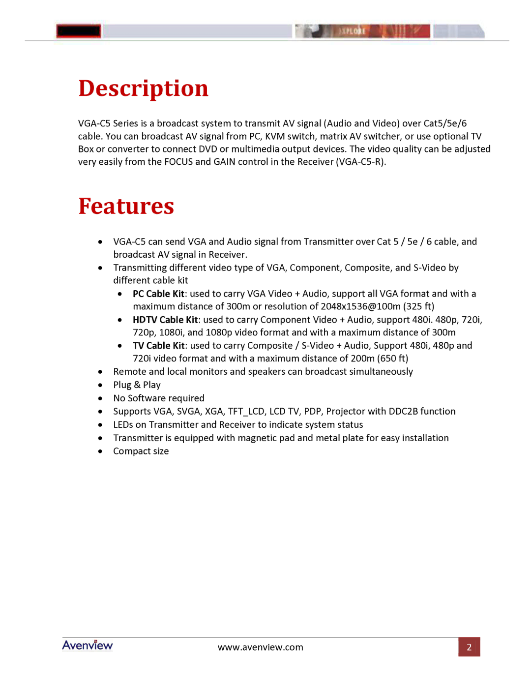 Avenview VGA-C5-S, VGA-C5 Series manual Description 