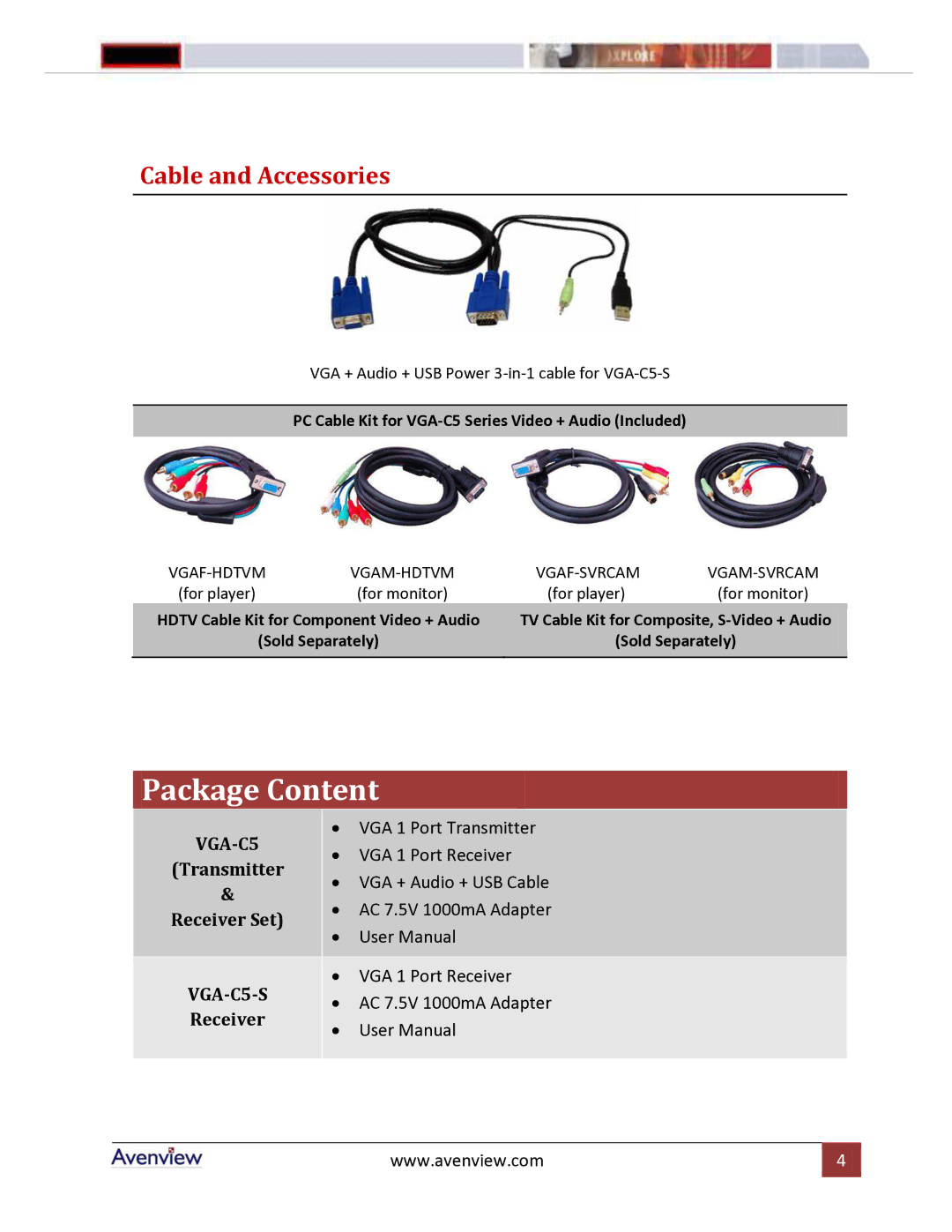 Avenview VGA-C5-S, VGA-C5 Series manual Cable and Accessories 