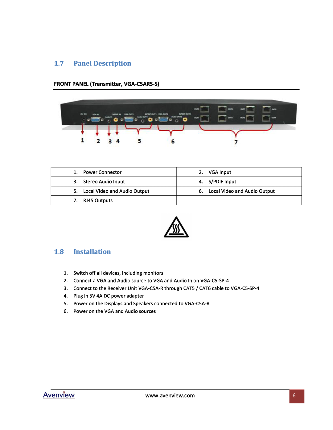 Avenview VGA-C5-SP-8, VGA-C5-SP-12, VGA-C5-SP-16 Panel Description, Installation, FRONT PANEL Transmitter, VGA-C5ARS-S 