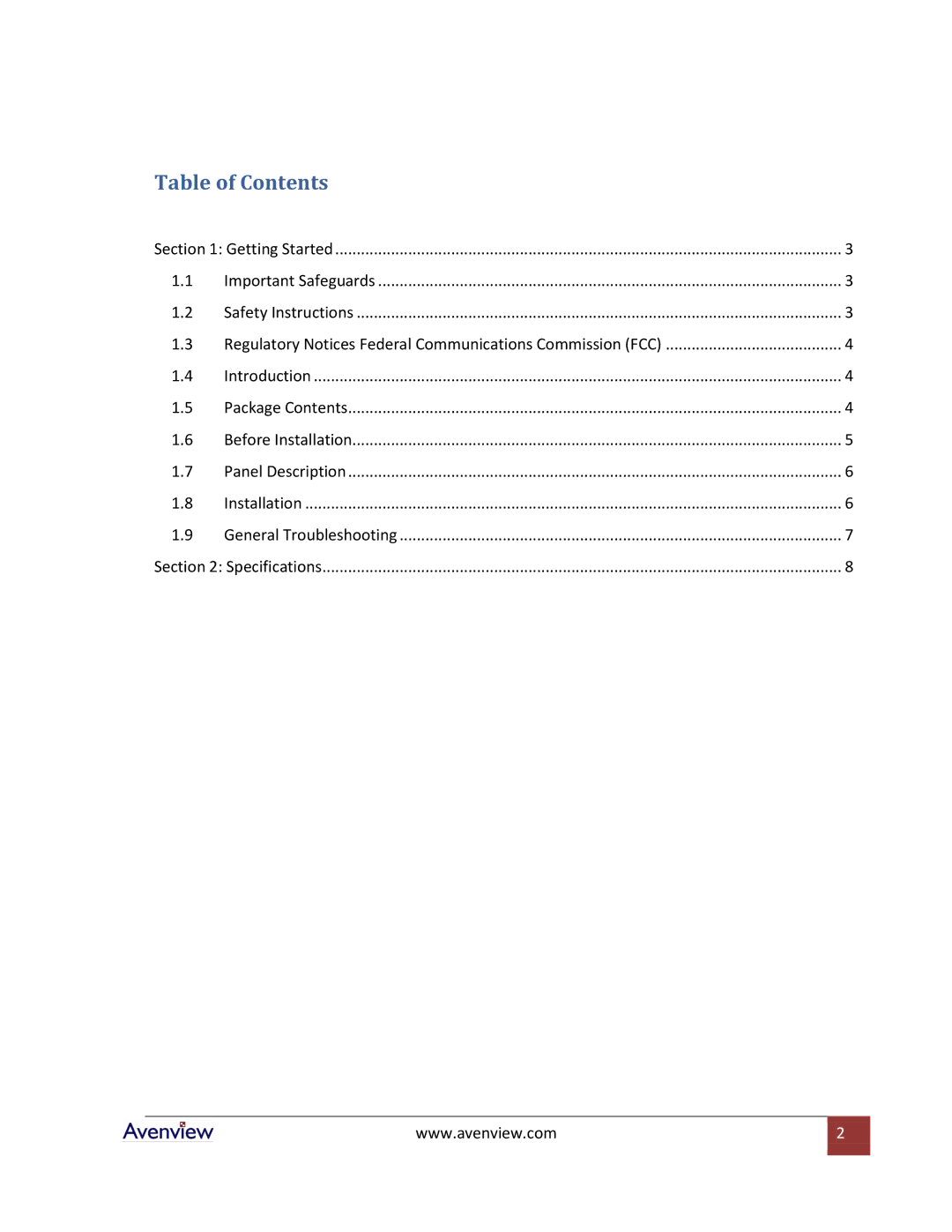 Avenview VGA-C5-SP-8, VGA-C5-SP-12, VGA-C5-SP-16, VGA-C5-SP-4 specifications Table of Contents 