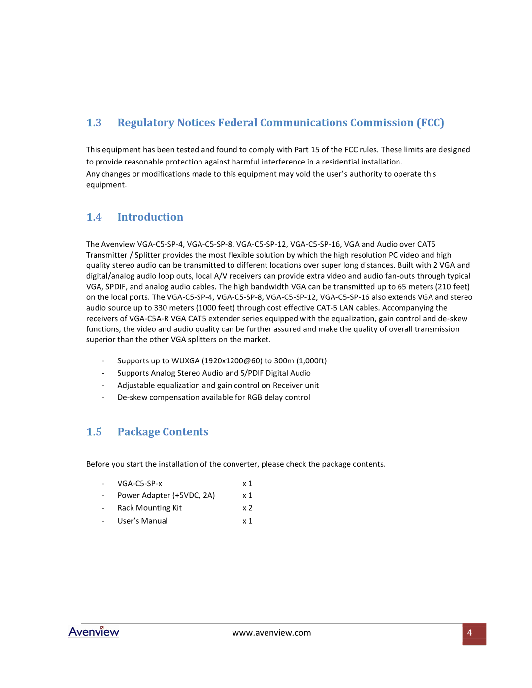 Avenview VGA-C5-SP-12 Regulatory Notices Federal Communications Commission FCC, Introduction, Package Contents 