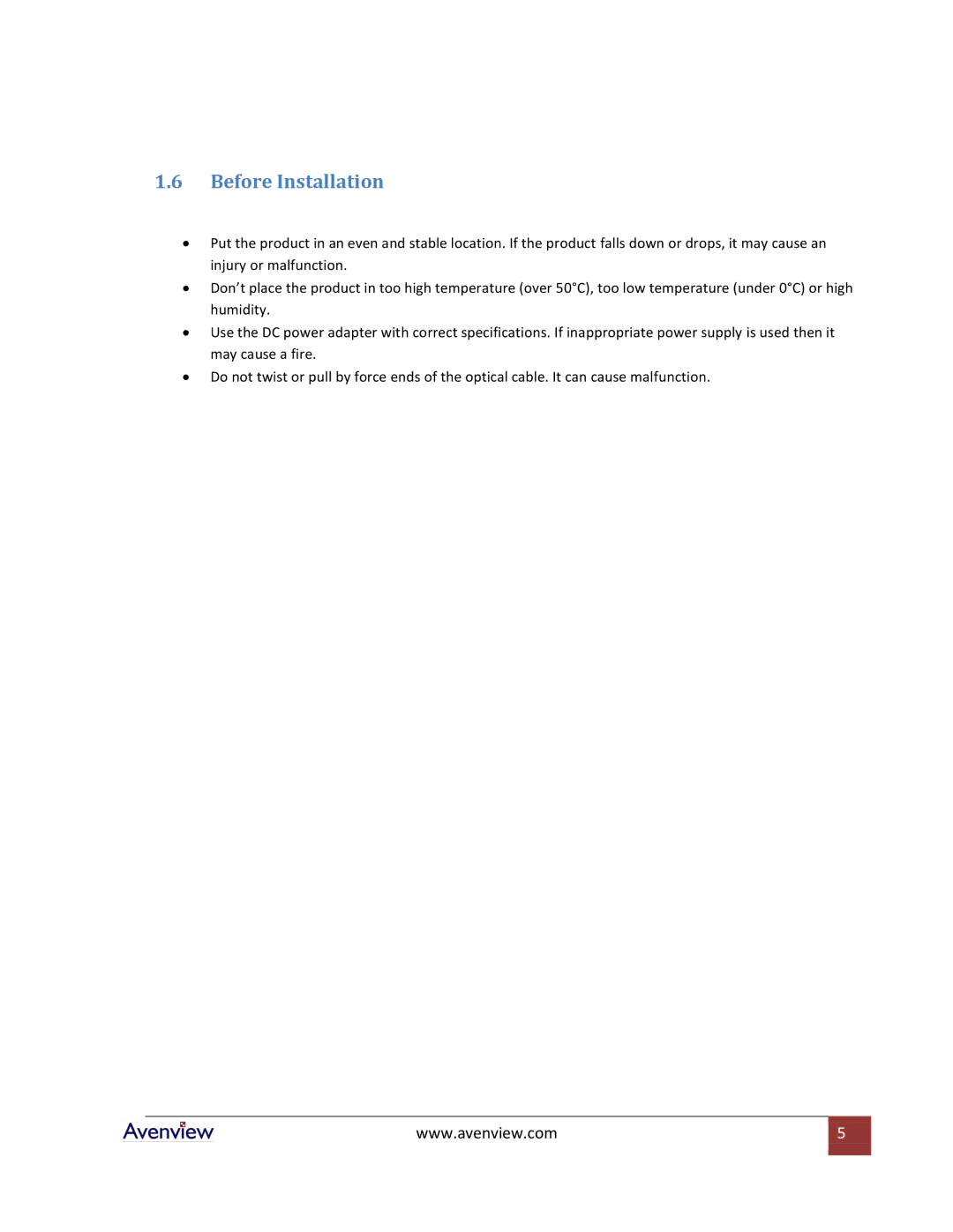 Avenview VGA-C5-SP-16, VGA-C5-SP-12, VGA-C5-SP-8, VGA-C5-SP-4 specifications Before Installation 