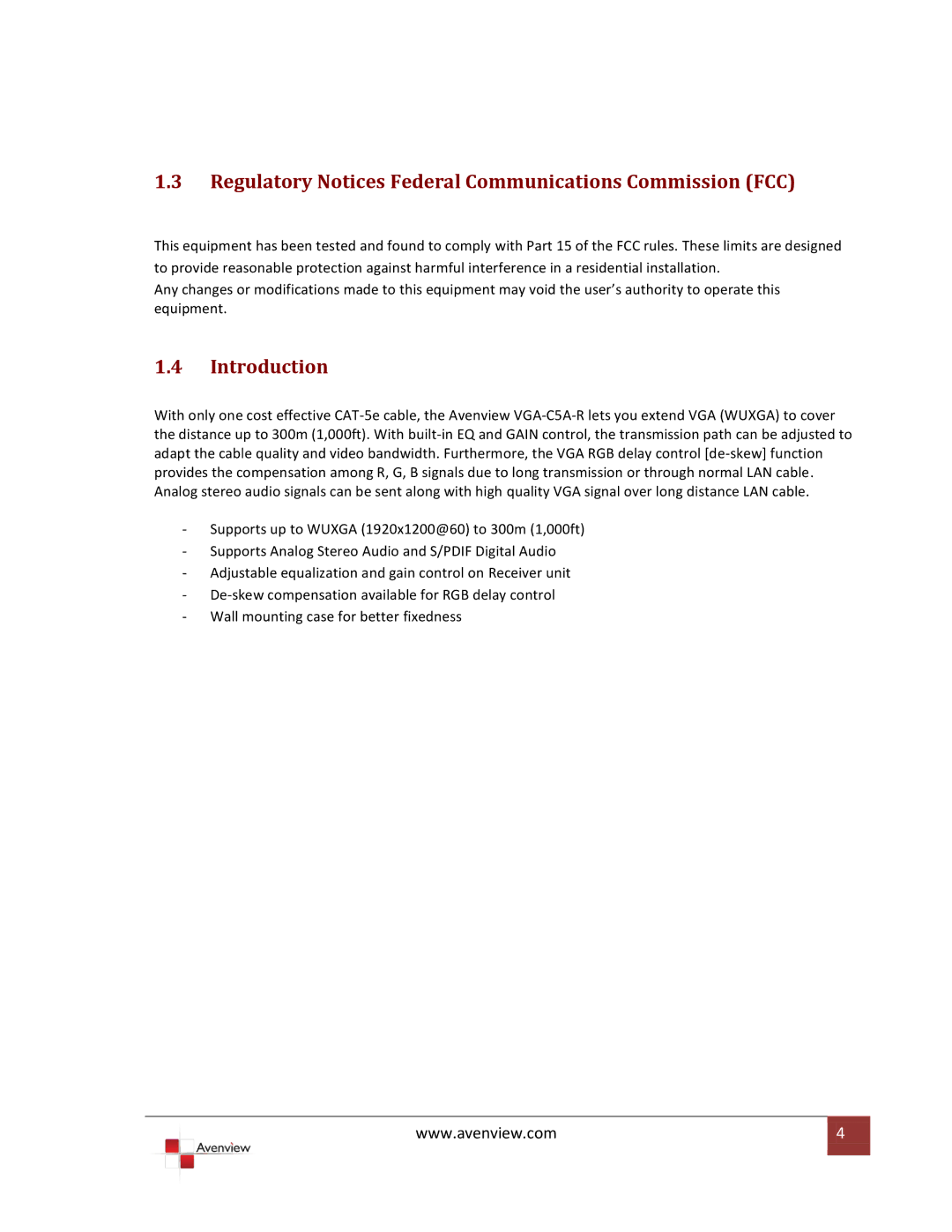 Avenview VGA-C5A-R specifications Regulatory Notices Federal Communications Commission FCC, Introduction 