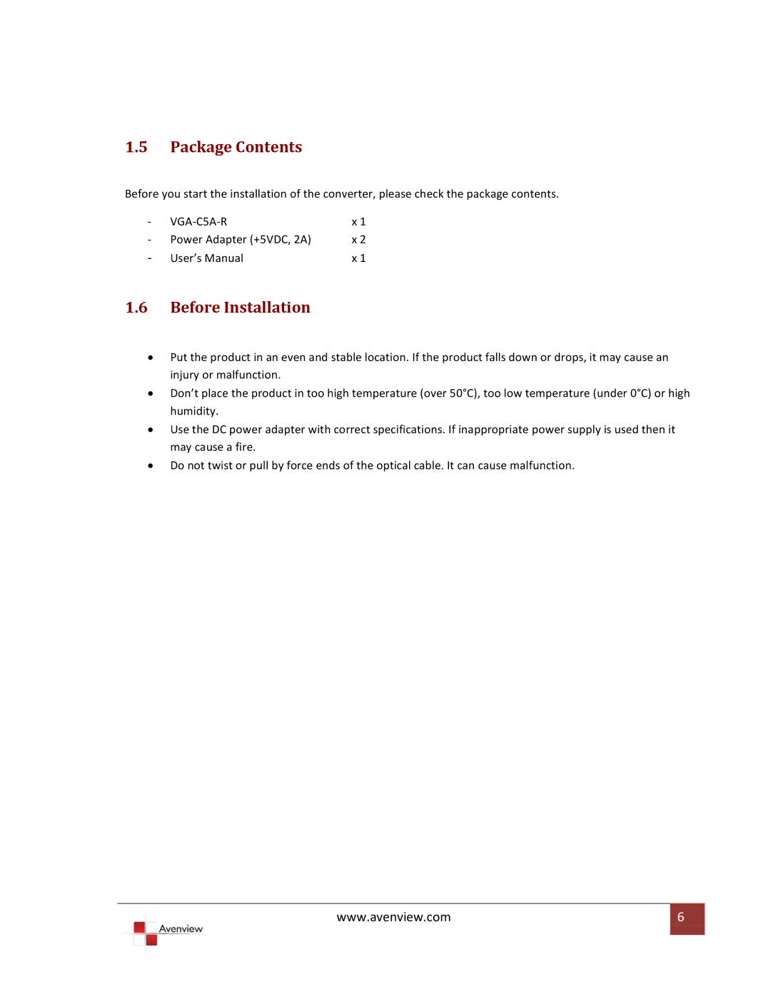 Avenview VGA-C5A-R specifications Package Contents, Before Installation 