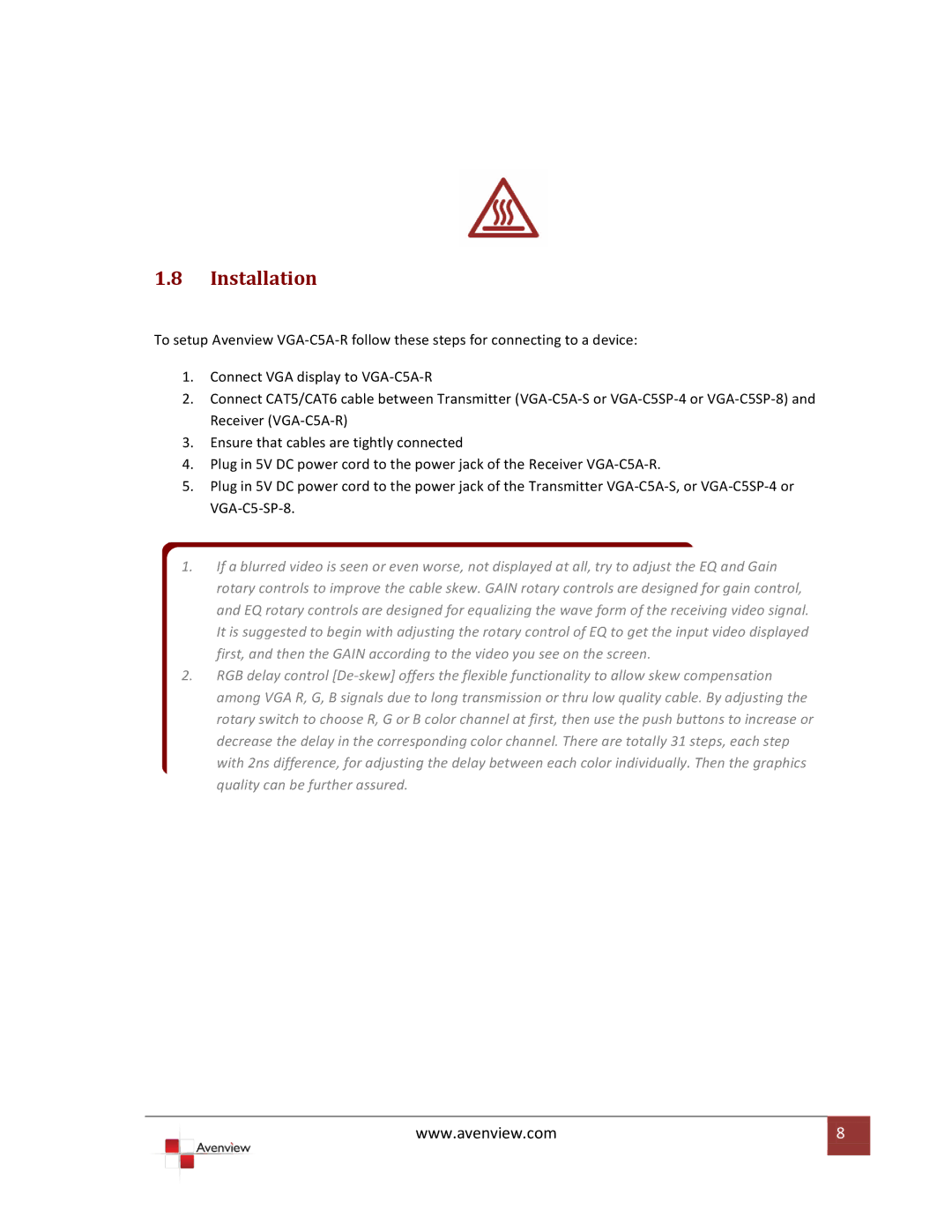 Avenview VGA-C5A-R specifications Installation 