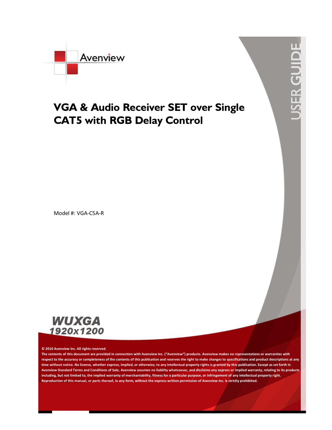 Avenview specifications Model # VGA-C5A-R, VGA & Audio Receiver SET over Single, CAT5 with RGB Delay Control 