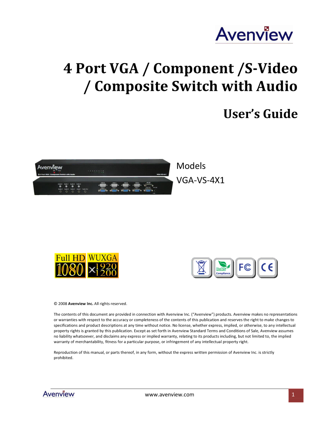 Avenview VGA-VS-4X1 specifications Port VGA / Component /S-Video / Composite Switch with Audio 