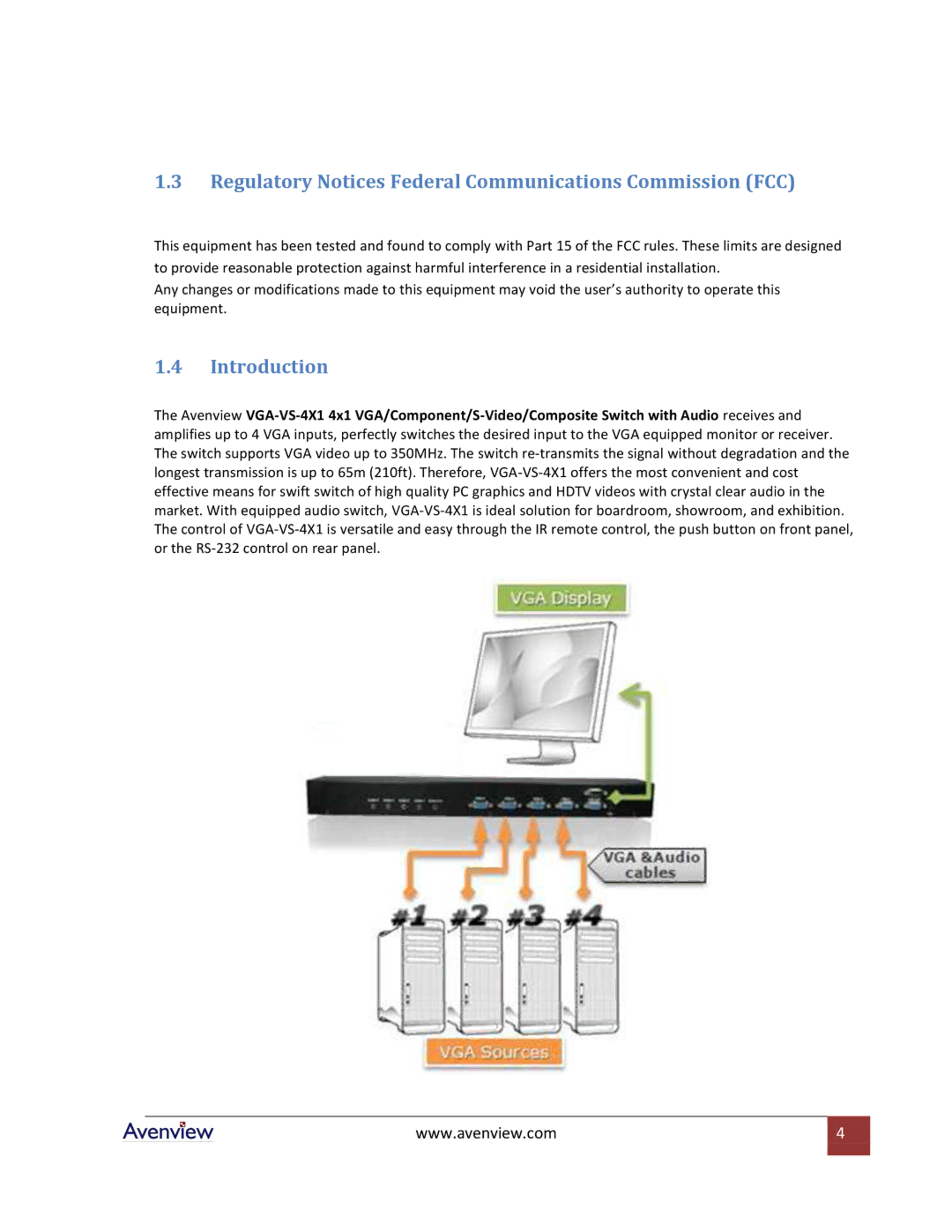 Avenview VGA-VS-4X1 specifications Regulatory Notices Federal Communications Commission FCC, Introduction 