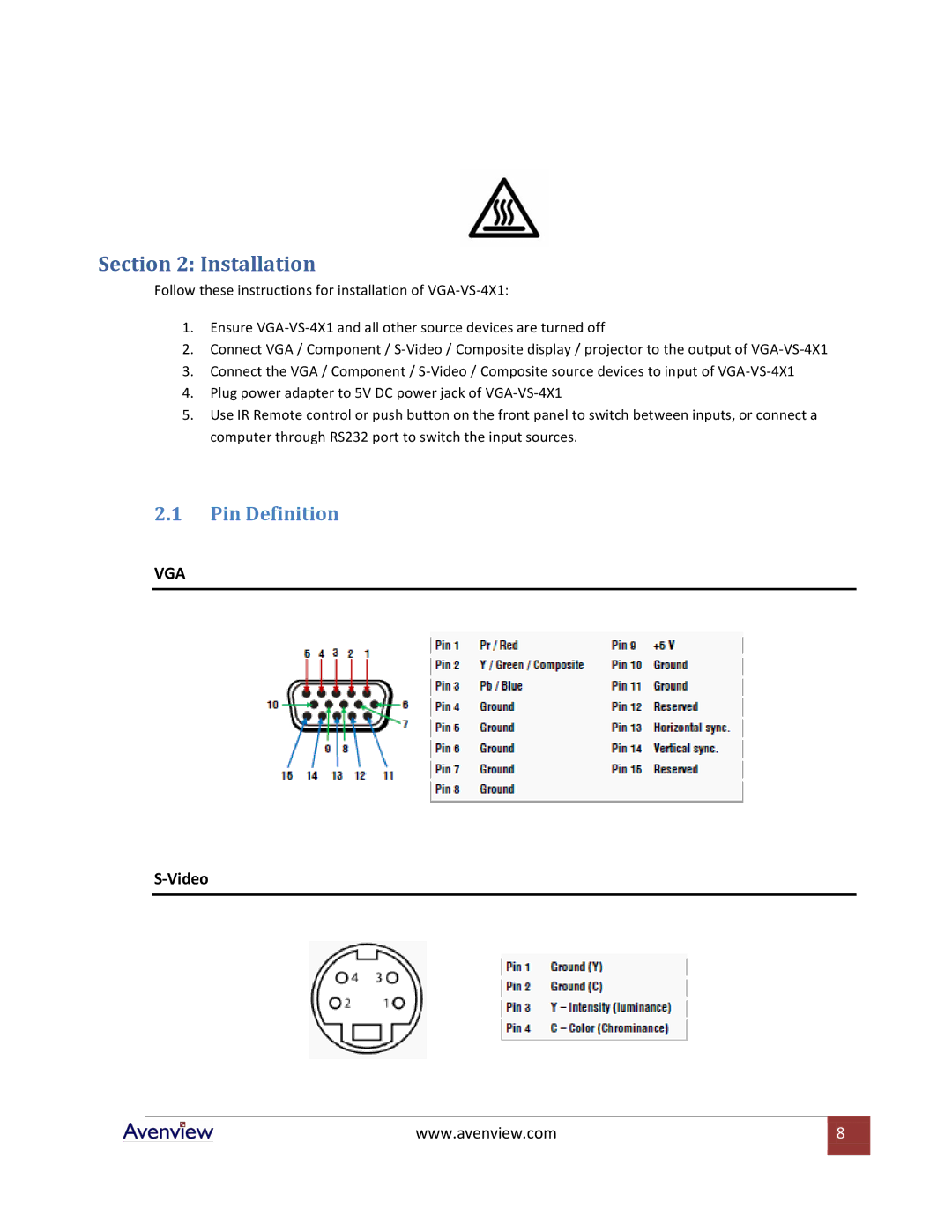 Avenview VGA-VS-4X1 specifications Installation, Pin Definition 