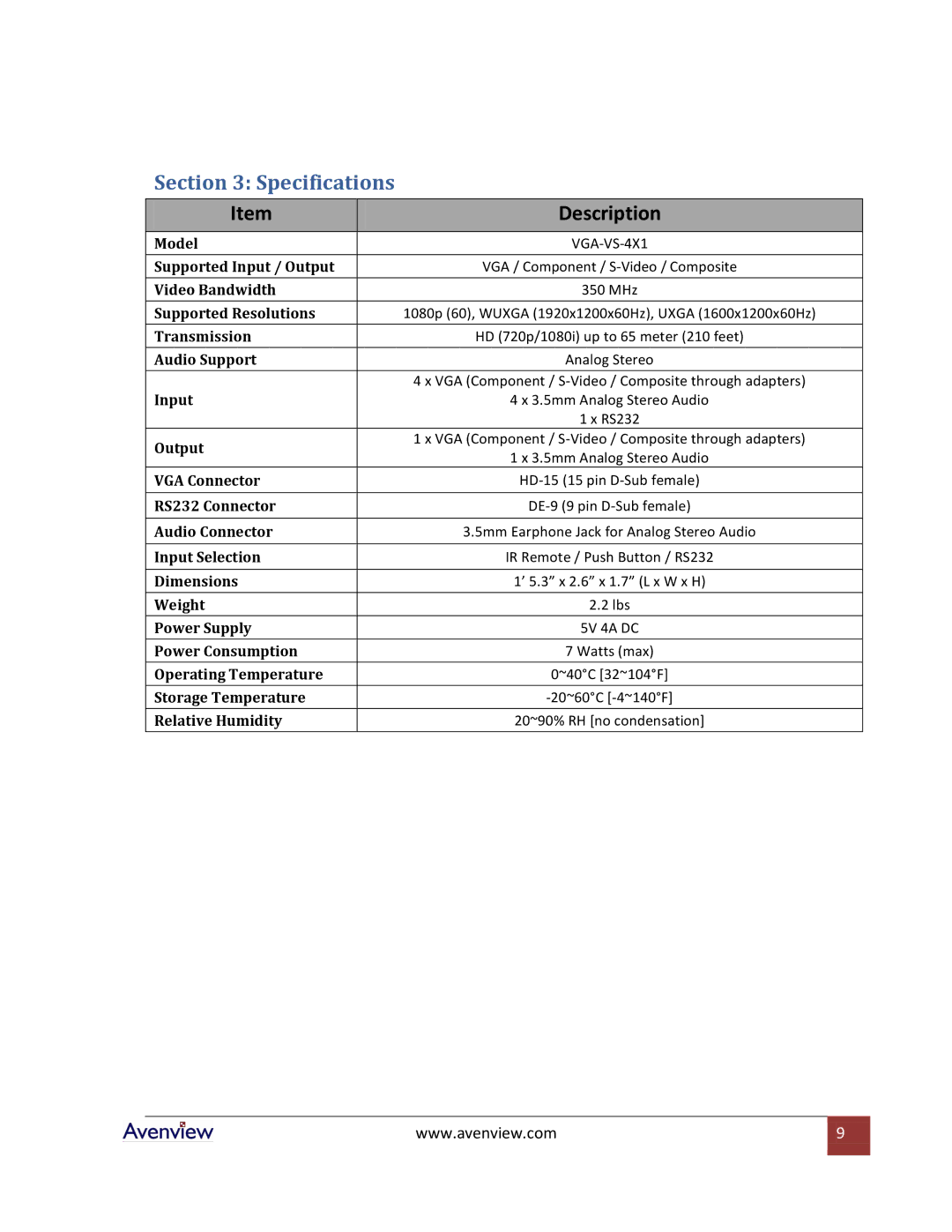 Avenview VGA-VS-4X1 specifications Specifications, Description 