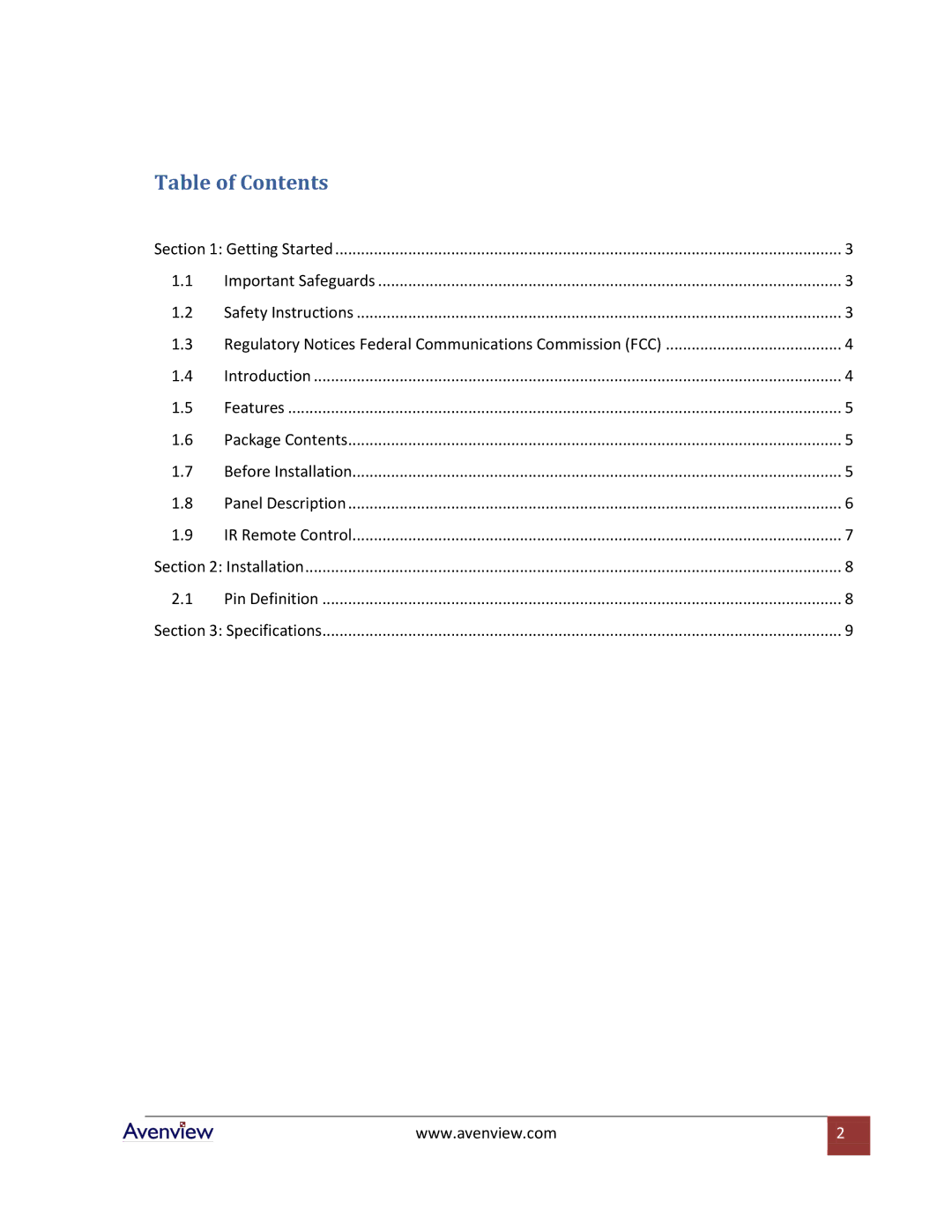 Avenview VGA-VS-8X1 specifications Table of Contents 