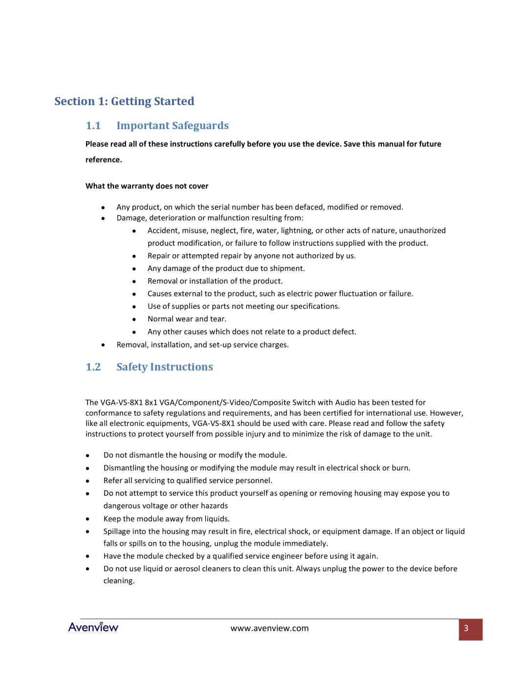 Avenview VGA-VS-8X1 specifications Getting Started, Important Safeguards, Safety Instructions 