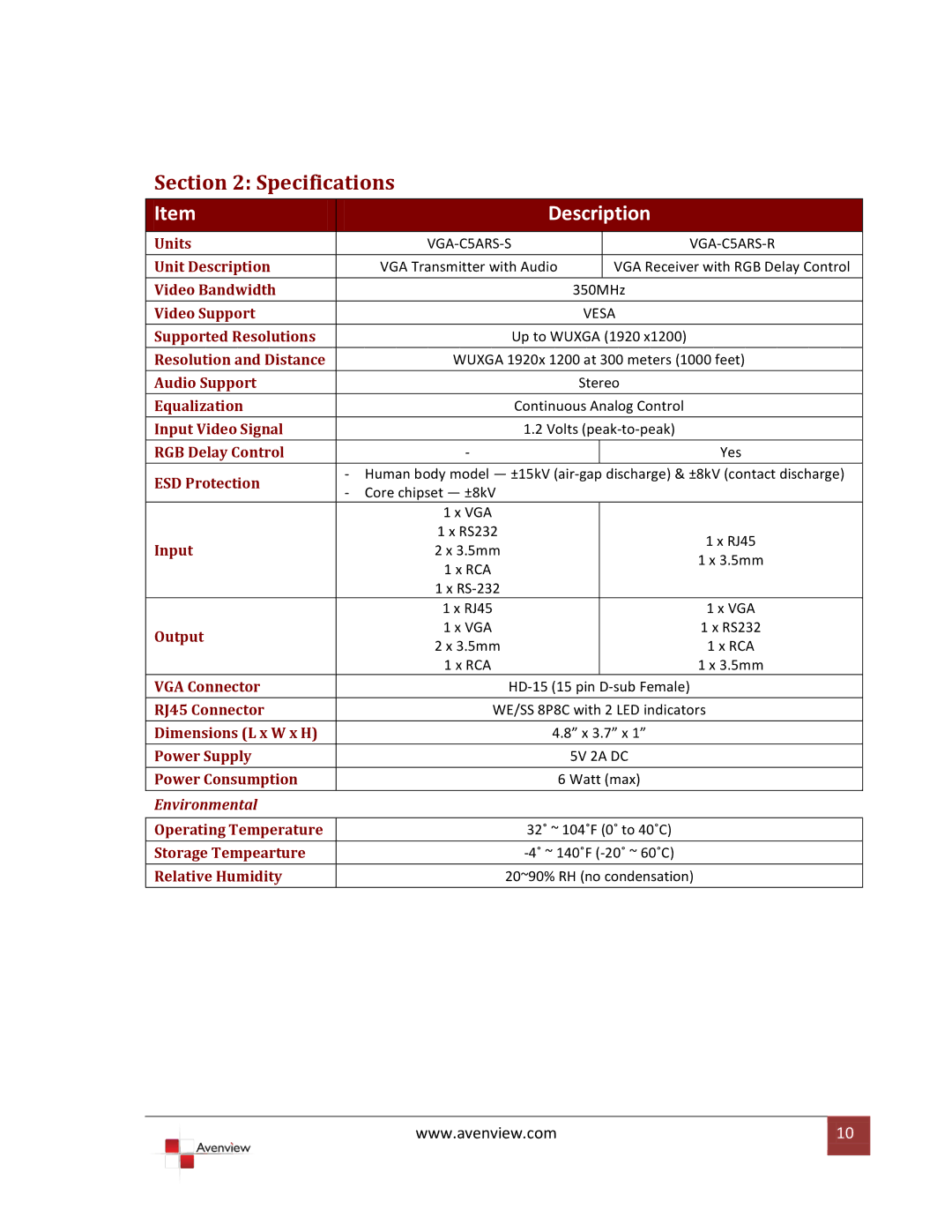 Avenview VR 2000 specifications Specifications, Description 