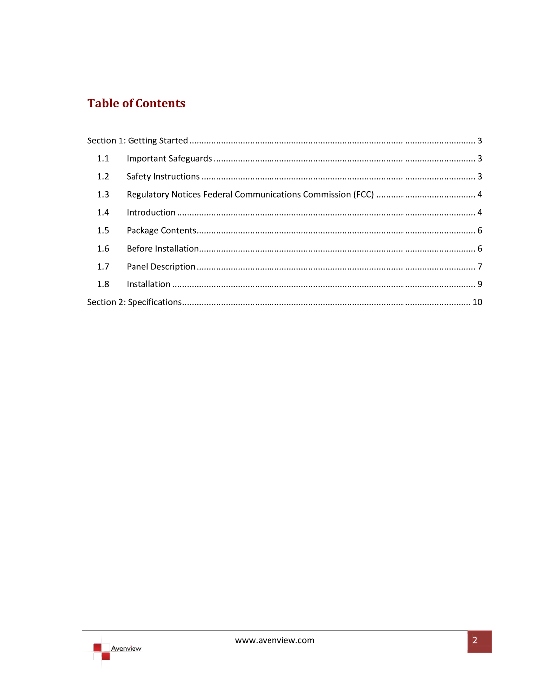 Avenview VR 2000 specifications Table of Contents 