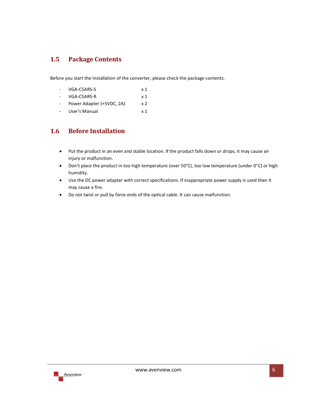 Avenview VR 2000 specifications Package Contents, Before Installation 