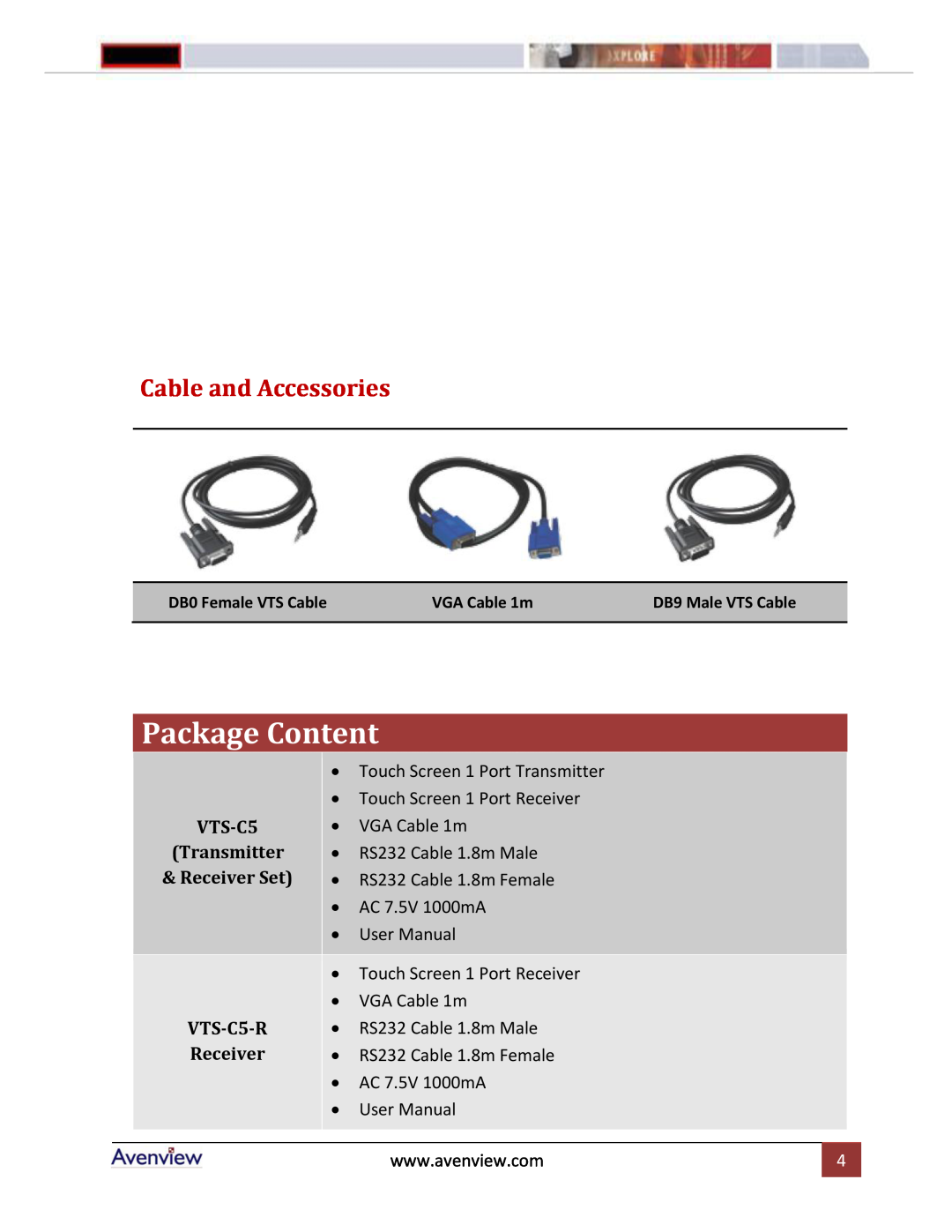 Avenview VTS-C5-S, VTS-C5-R manual Package Content, Cable and Accessories, Transmitter, Receiver Set 