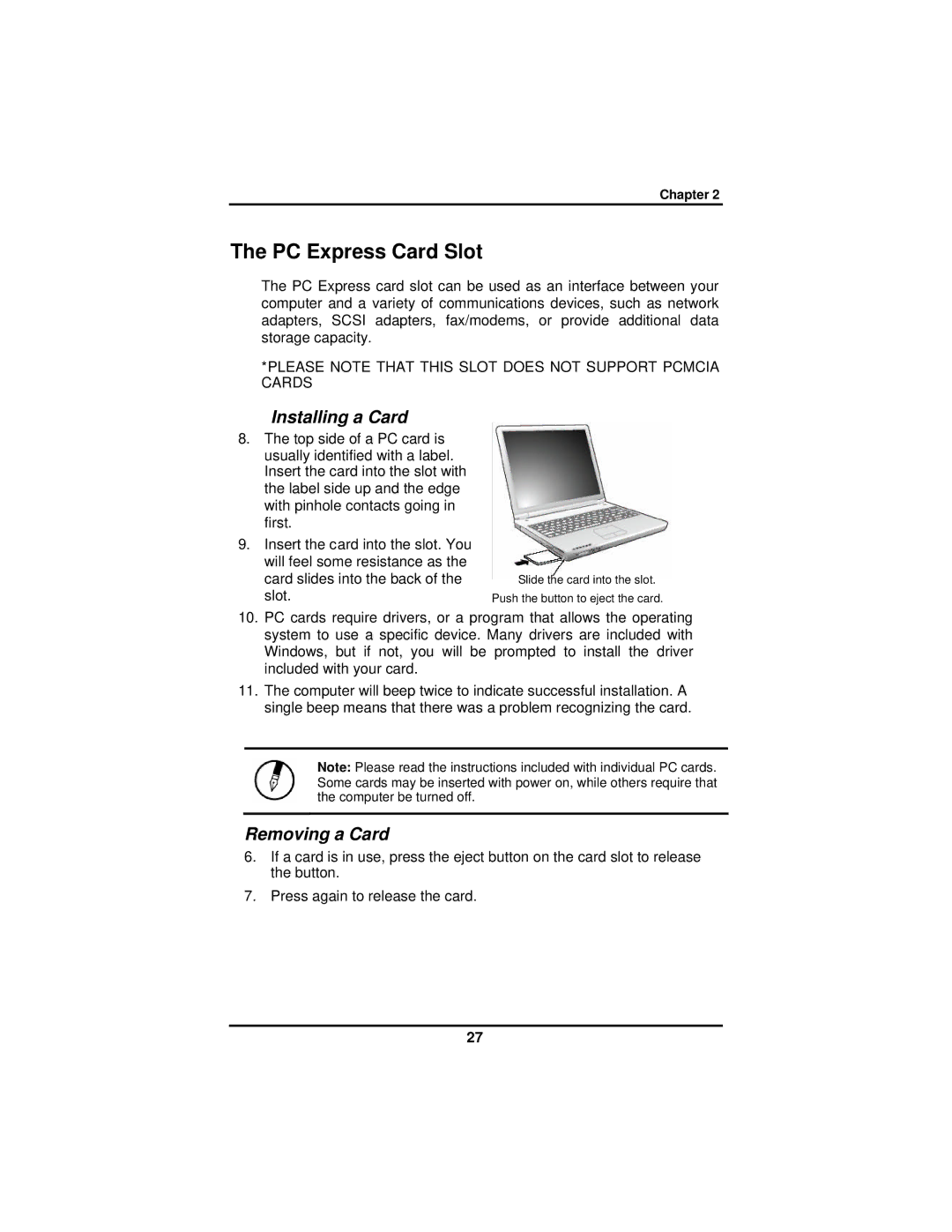 AVERATEC 2300 manual PC Express Card Slot, Installing a Card, Removing a Card 